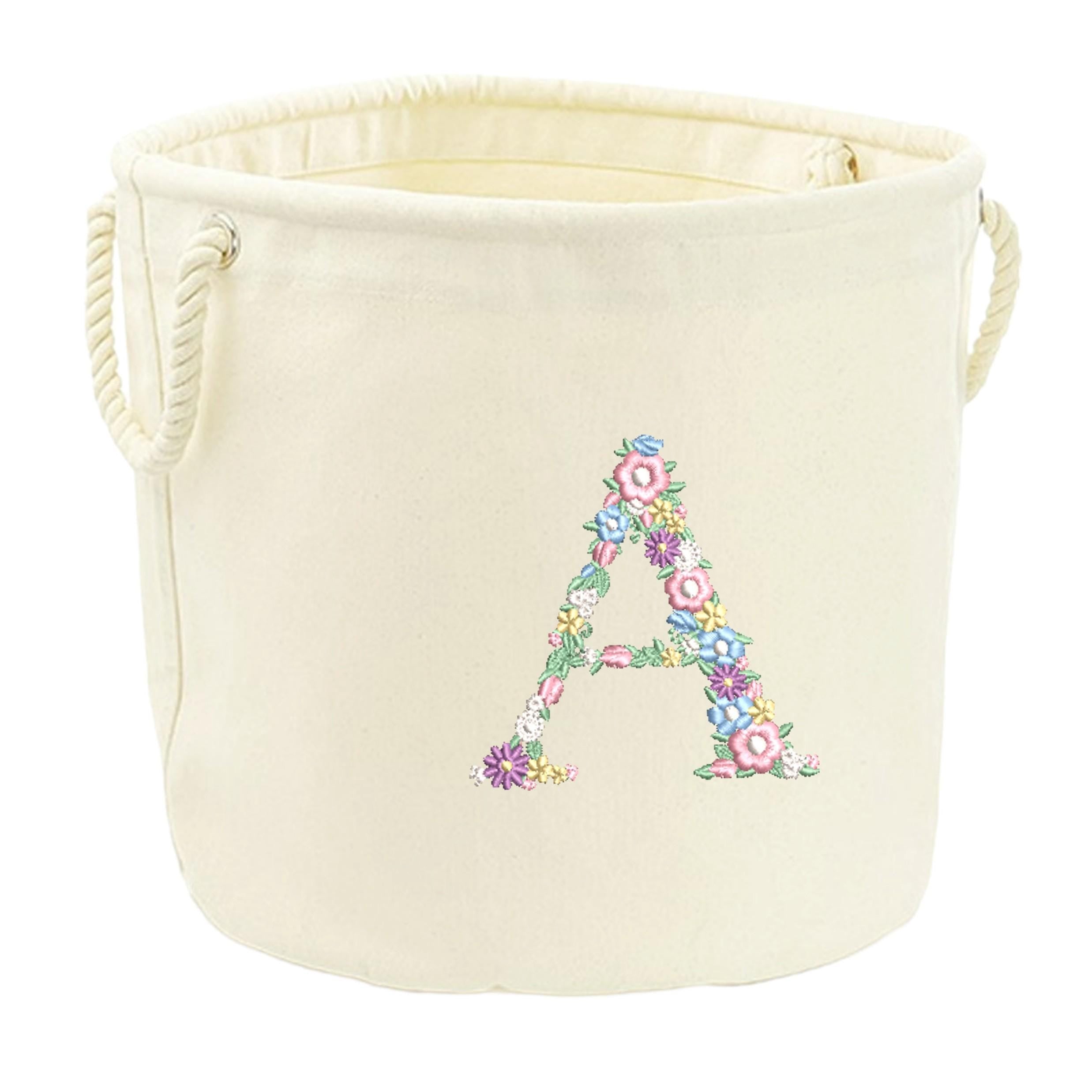 Embroidered Pink Floral Initial Personalised Name Canvas Toy Storage Tub Custom Girls Nursery Bedroom Decor Basket