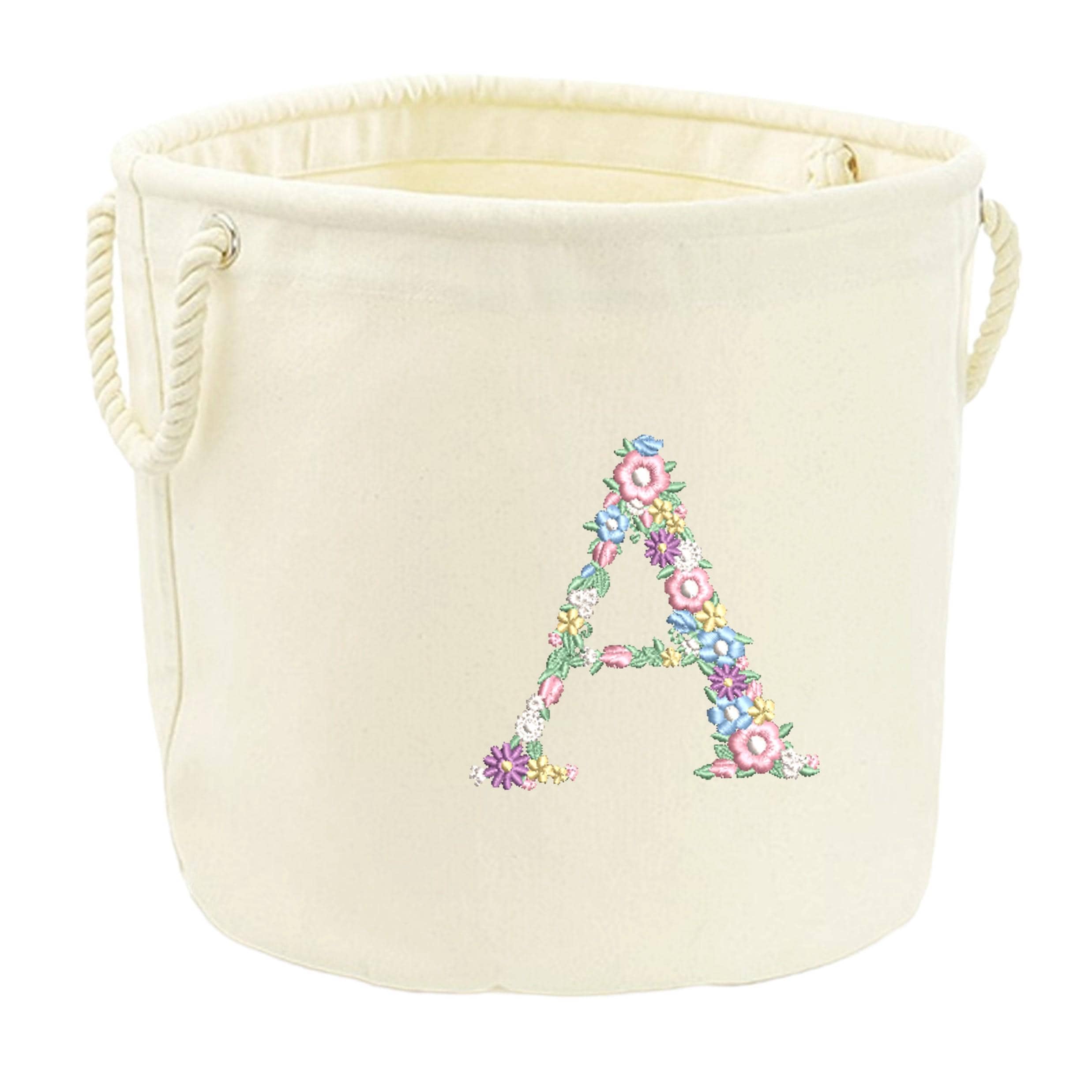 Embroidered Pink Floral Initial Personalised Name Canvas Toy Storage Tub Custom Girls Nursery Bedroom Decor Basket