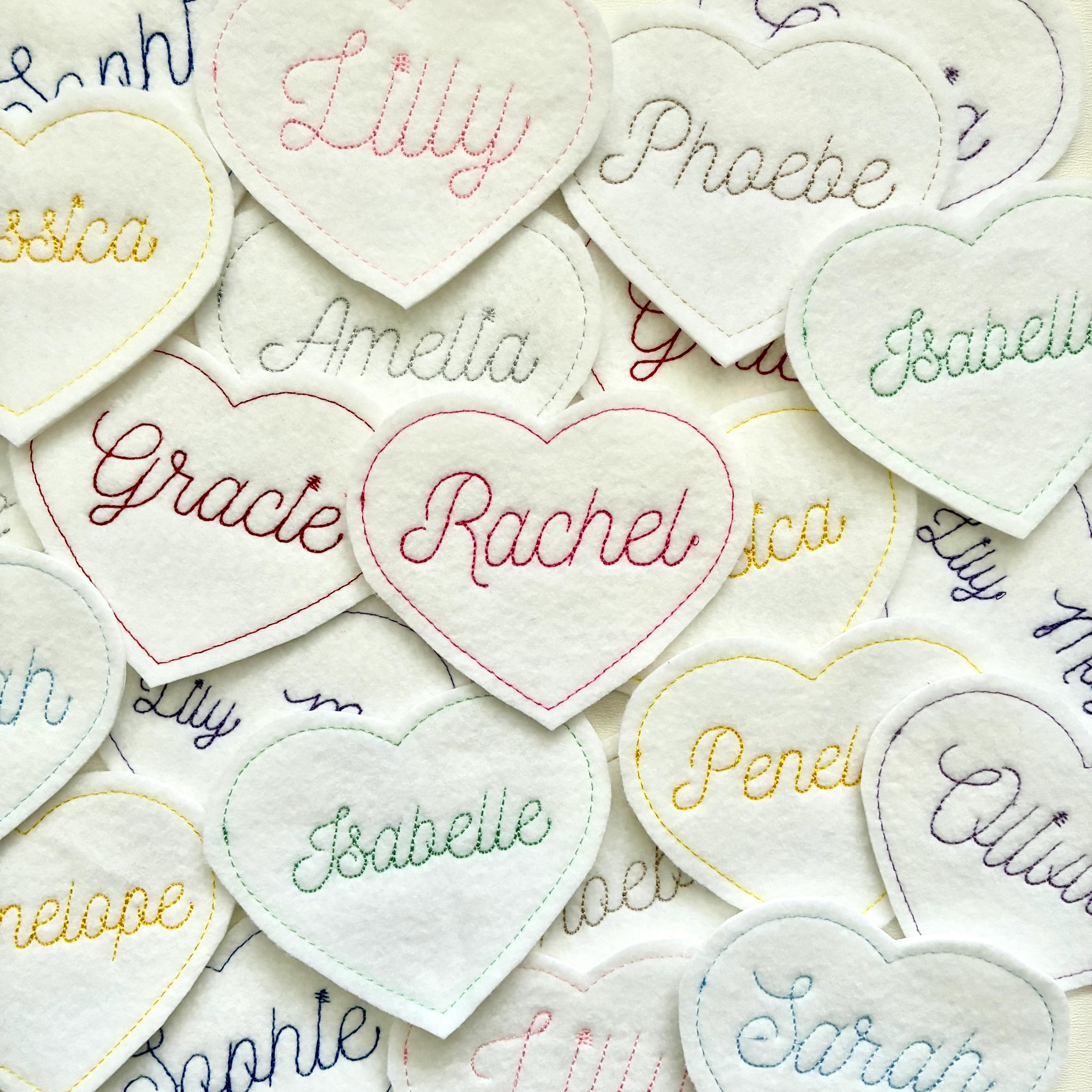 Personalised Embroidered Name Heart Patch Iron On & Sew On Custom Text Badge