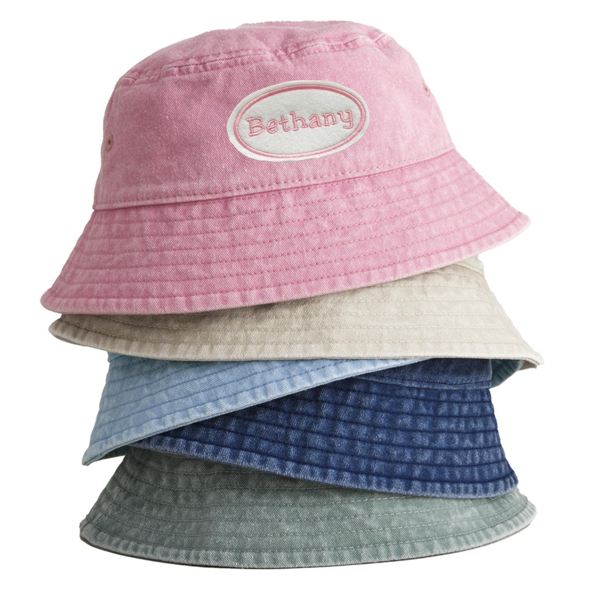 Embroidered Personalised Name Patch Childrens Bucket Hat Custom Text Summer Sun