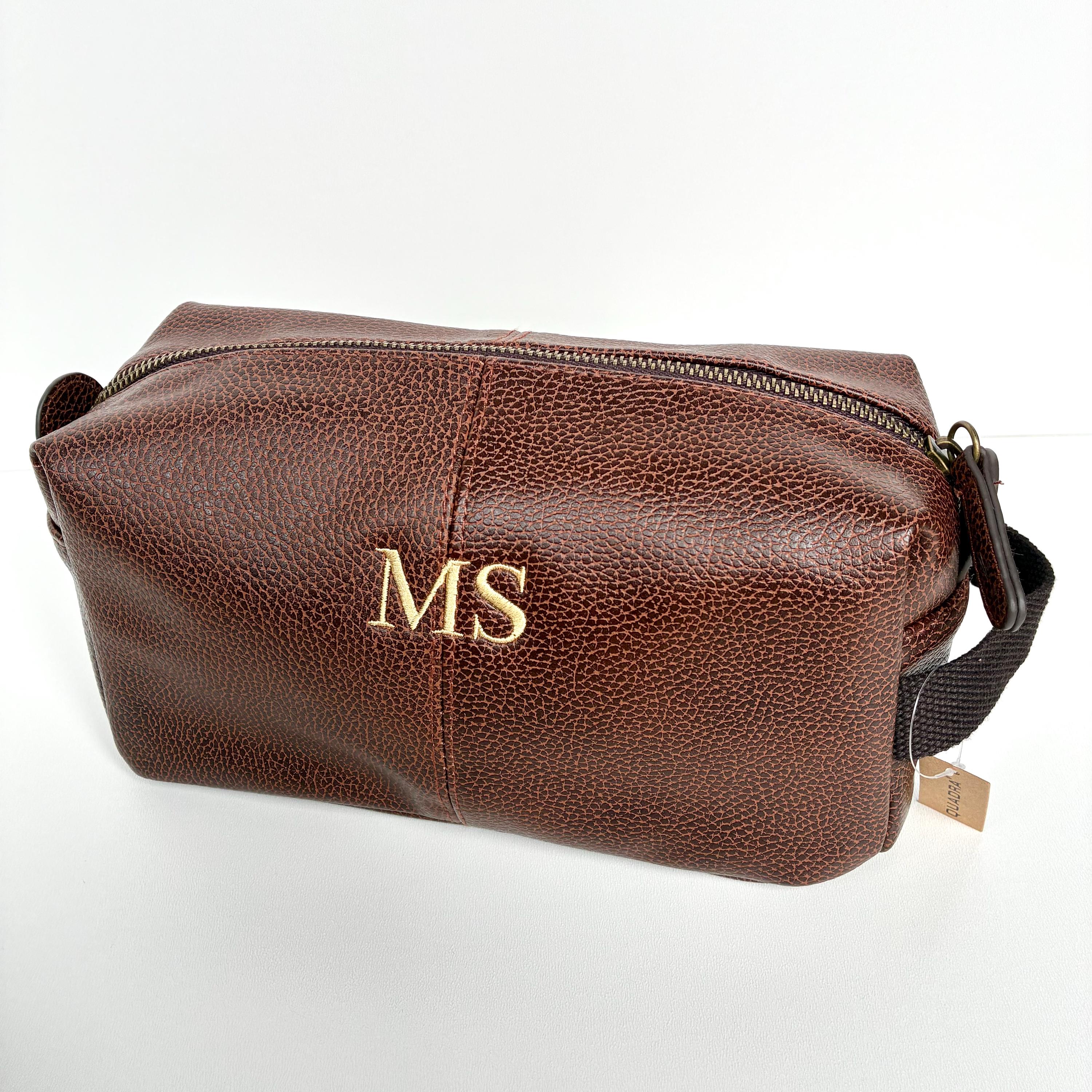 Personalised Embroidered Initials Faux Leather Wash Bag Custom Monogram Father's Day Dad Gifts For Him