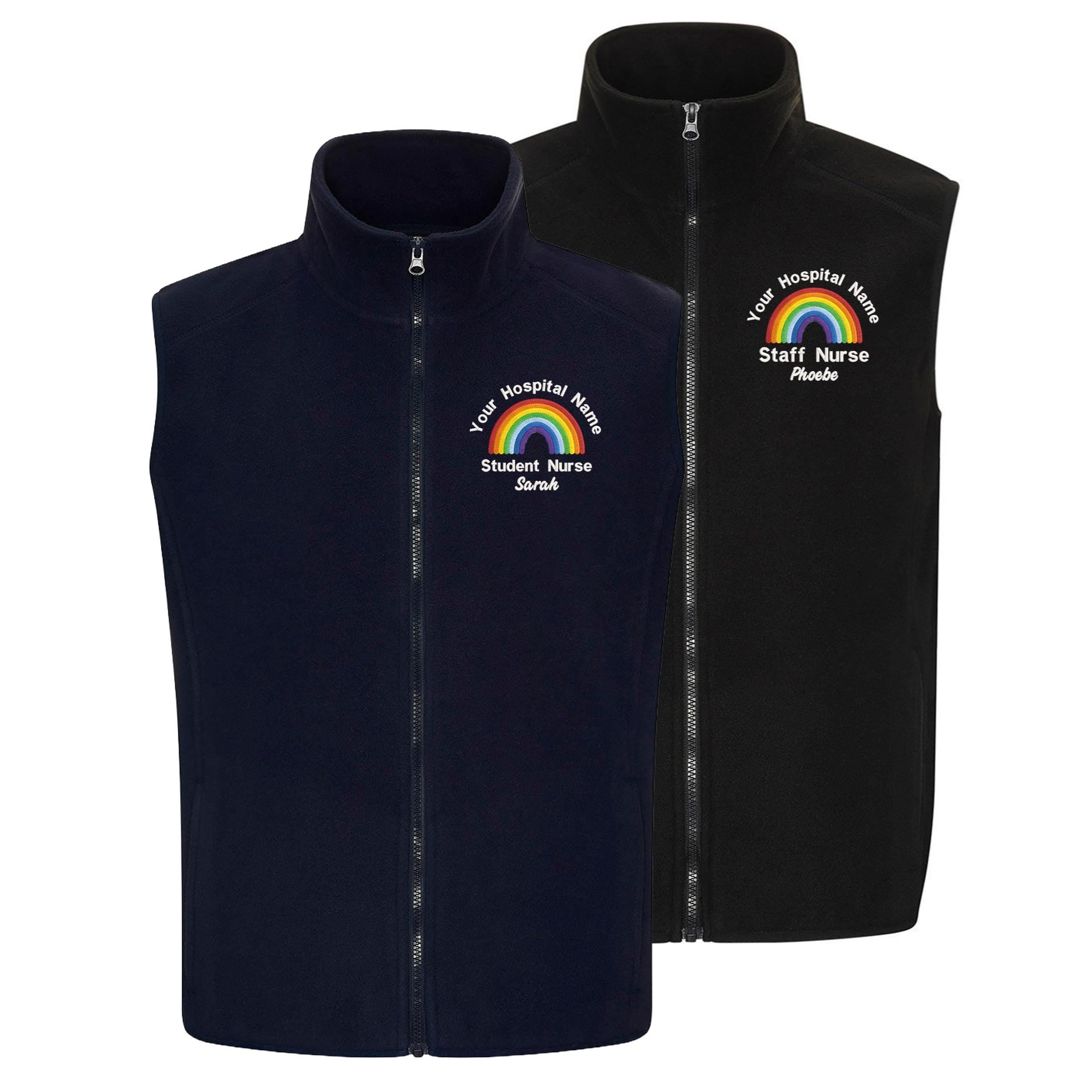 Embroidered Personalised Rainbow Fleece Bodywarmer Custom Uniform Hospital Staff Name Department Student Nurse Fleece