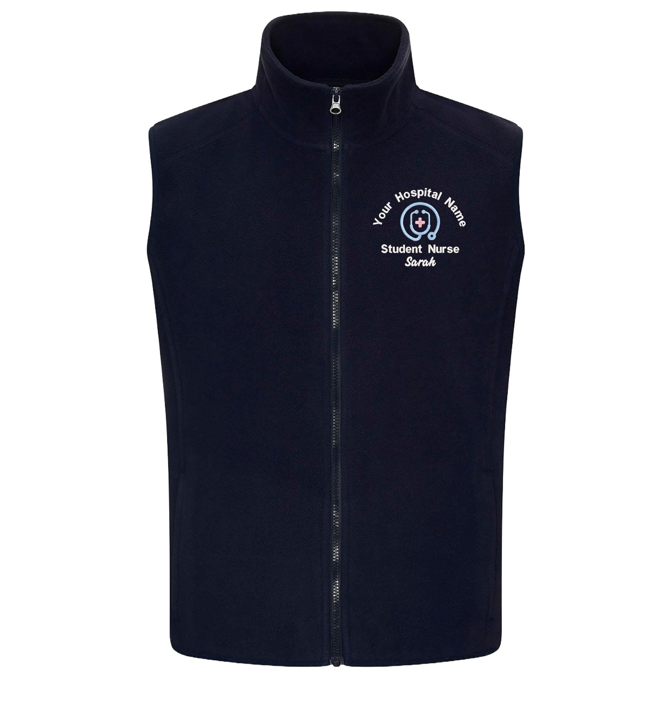 Embroidered Personalised Fleece Bodywarmer Custom Uniform Hospital Staff Name Department Student Nurse Fleece