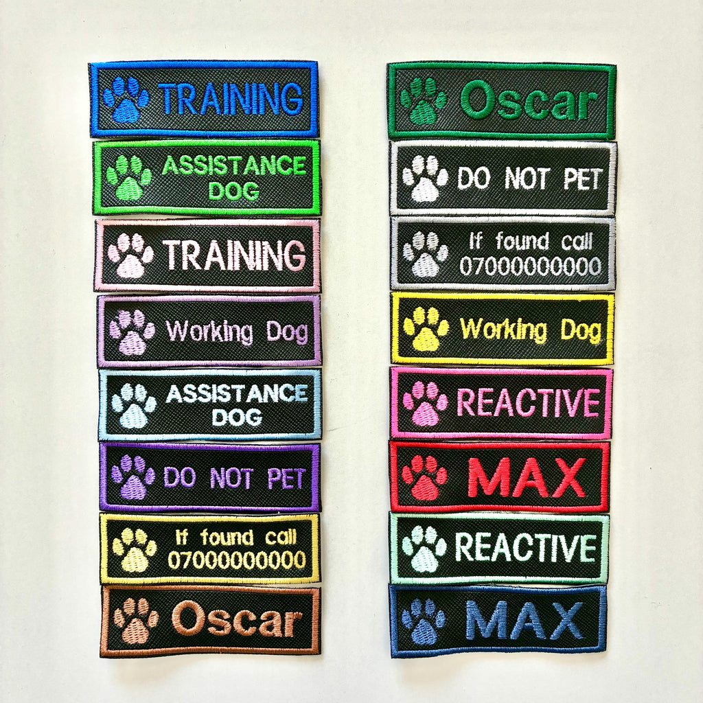 Personalised Embroidered Dog Paw Text Patch Iron & Sew On Training Harness Badge