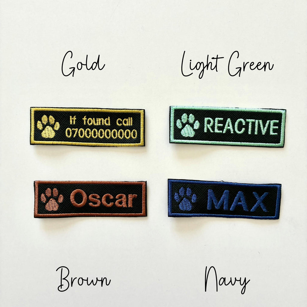 Personalised Embroidered Dog Paw Text Patch Iron & Sew On Training Harness Badge