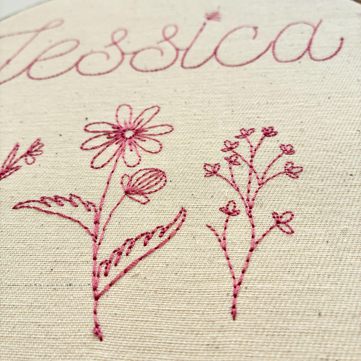 Personalised Floral Embroidery Hoop – Custom Name Embroidered Vintage Art Nursery Decor Baby Shower Birth Announcement Gift