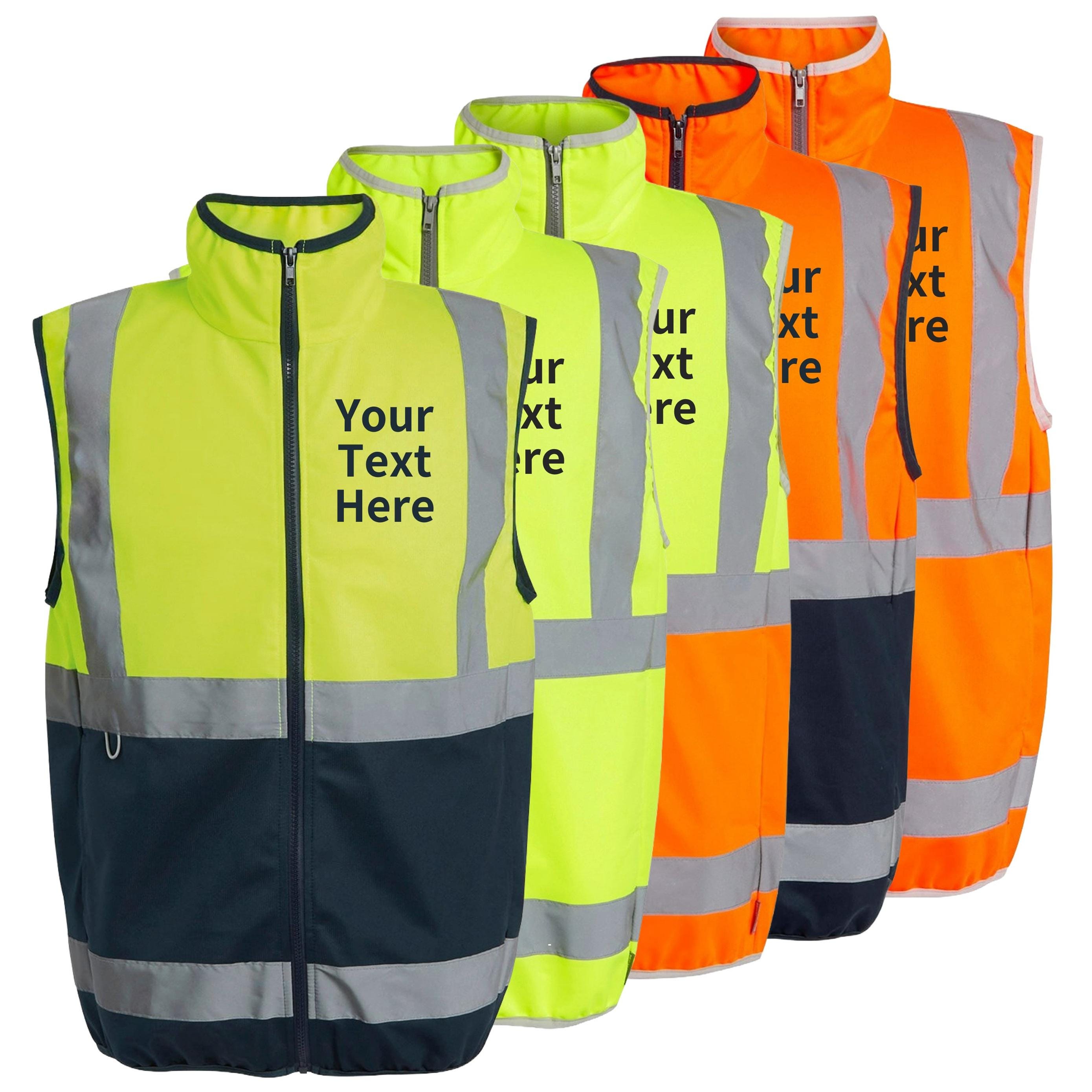 Adults Personalised Text Hi-Vis Full Zip Gilet Custom Business Company Name Reflective Waistcoat Safety Vest