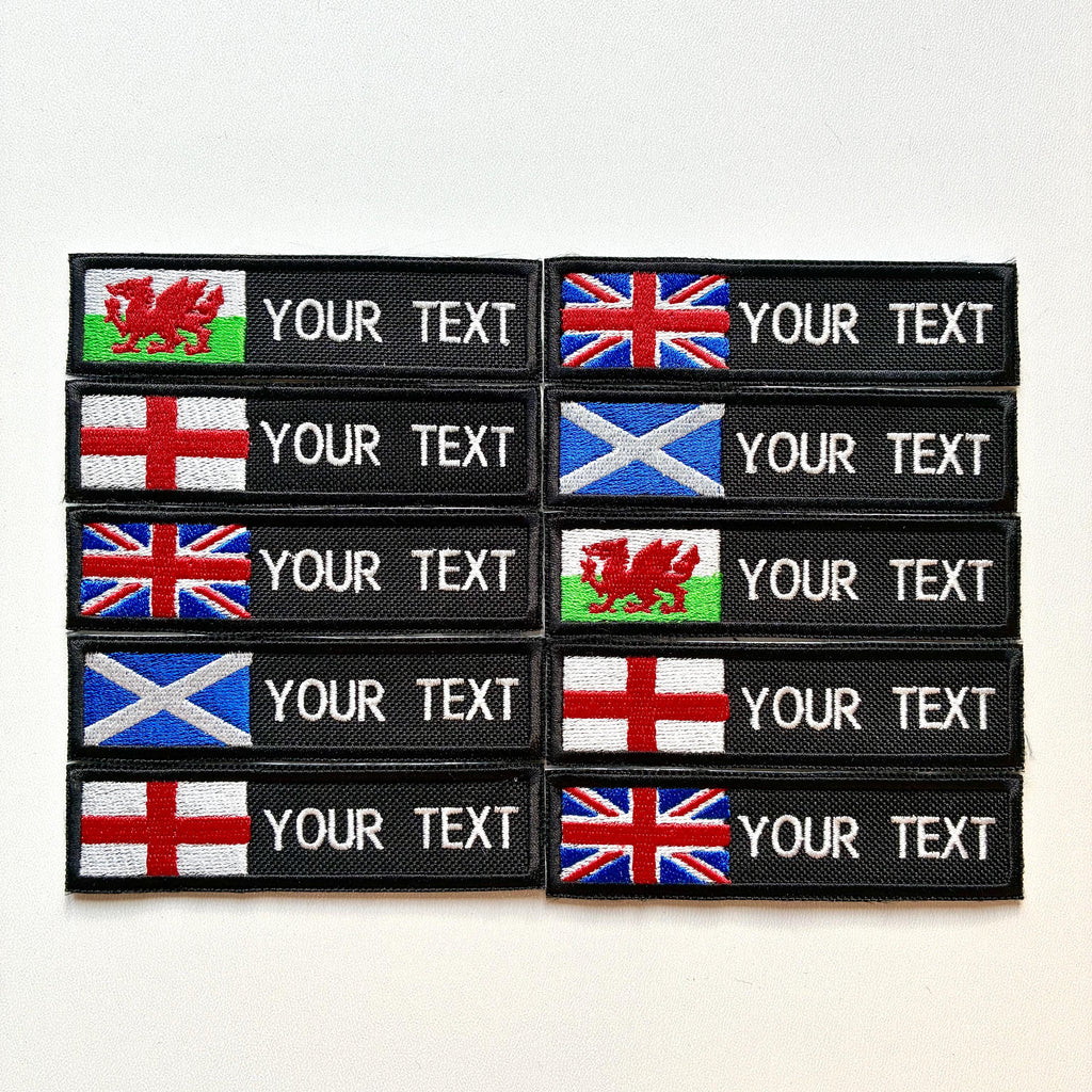 Personalised Embroidered Flag Patch Sew/Iron/VELCRO® Custom Text Badge Black