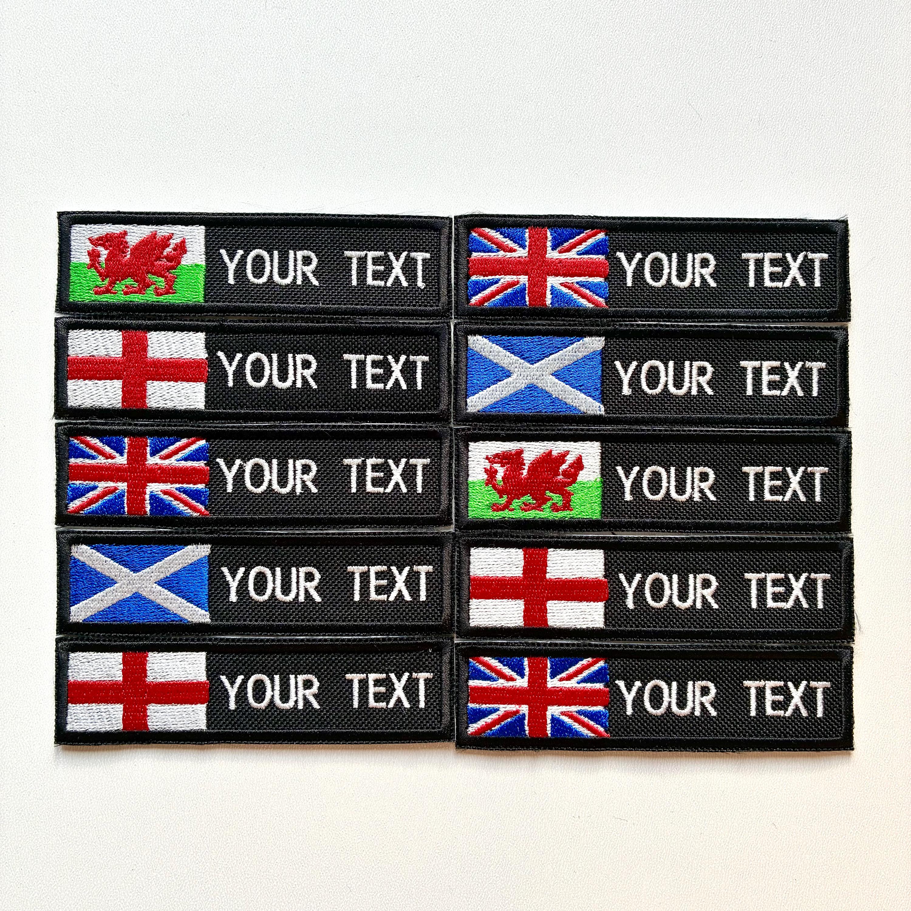 Personalised Embroidered Flag Patch Sew/Iron/VELCRO® Custom Text Badge Black