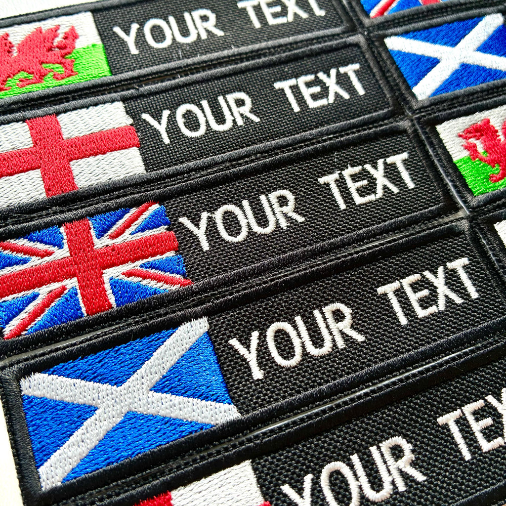 Personalised Embroidered Flag Patch Sew/Iron/VELCRO® Custom Text Badge Black