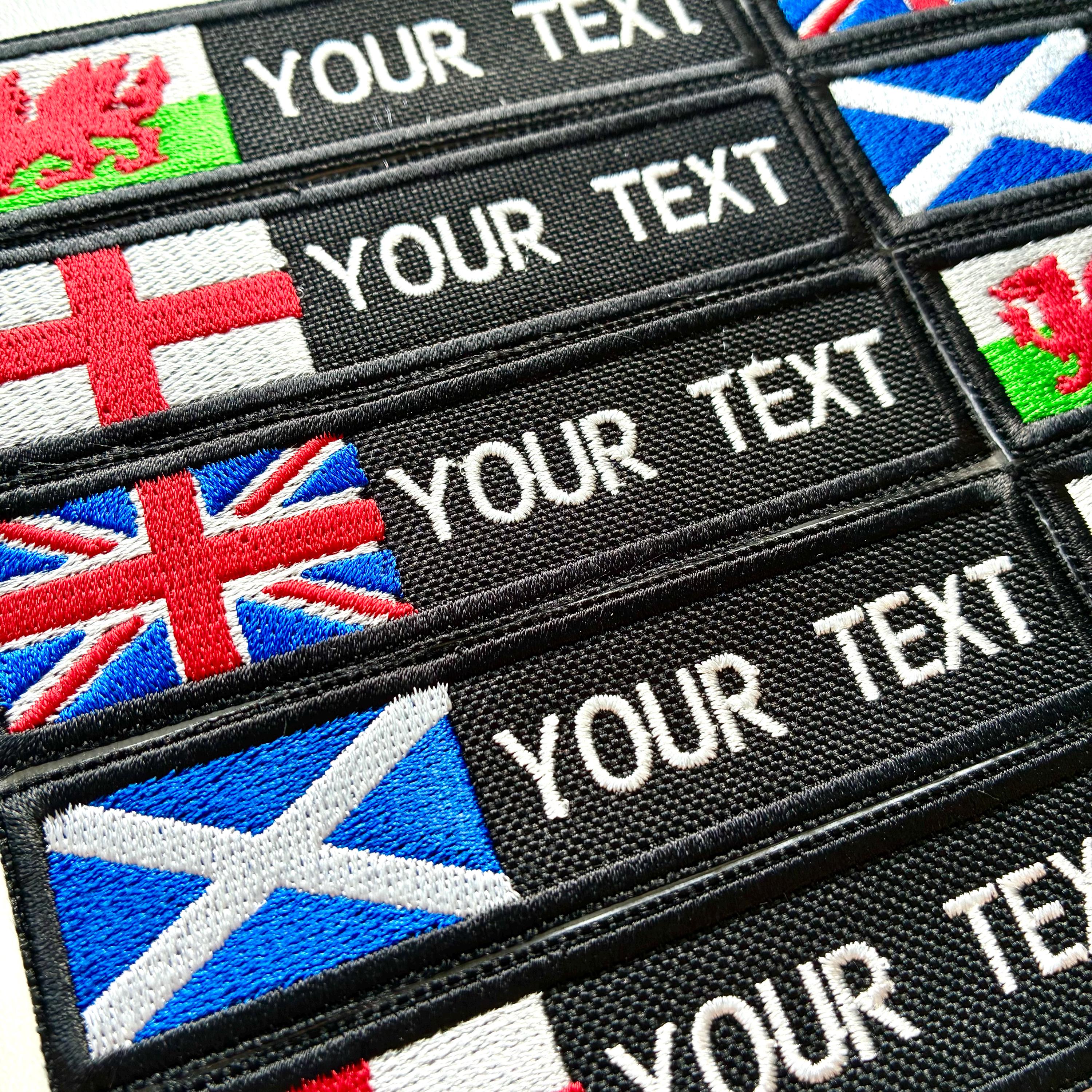 Personalised Embroidered Flag Patch Sew/Iron/VELCRO® Custom Text Badge Black