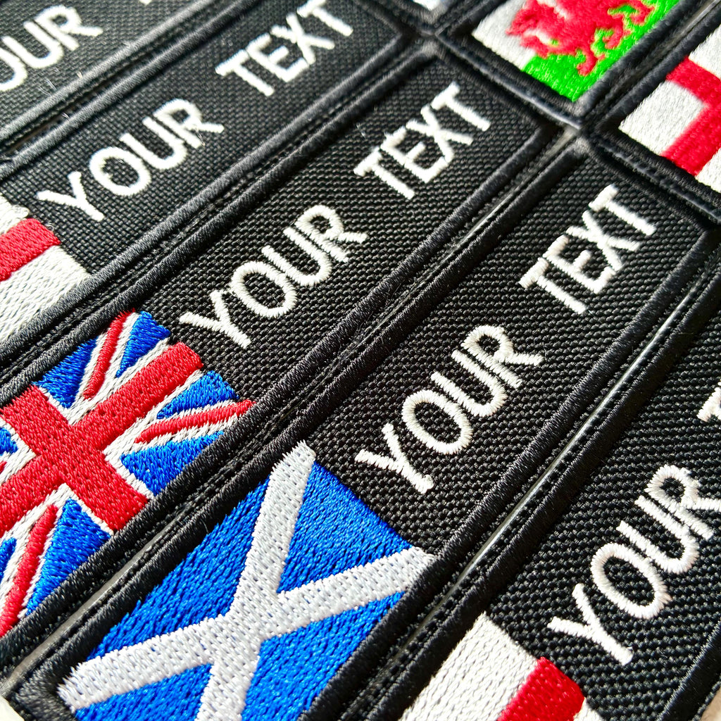 Personalised Embroidered Flag Patch Sew/Iron/VELCRO® Custom Text Badge Black