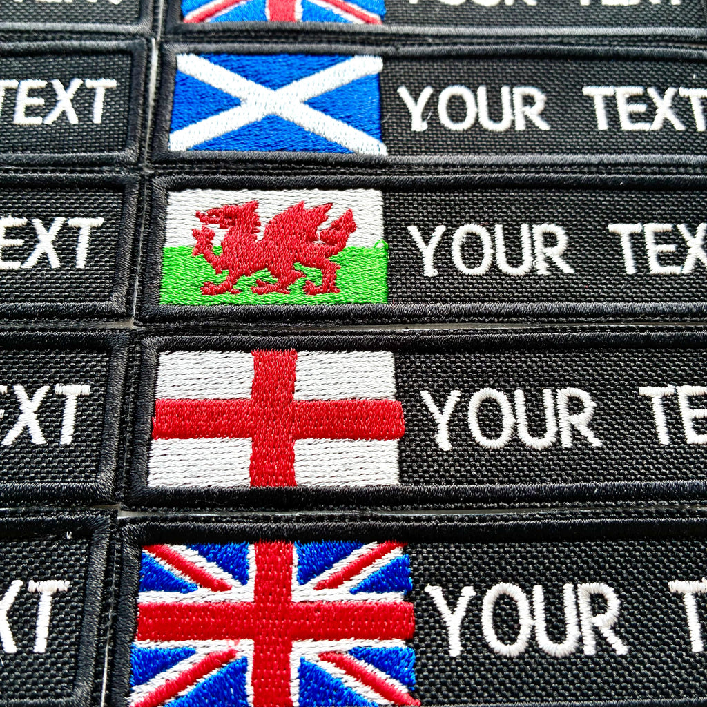 Personalised Embroidered Flag Patch Sew/Iron/VELCRO® Custom Text Badge Black