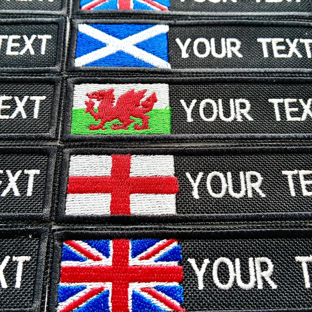 Personalised Embroidered Flag Patch Sew/Iron/VELCRO® Custom Text Badge Black