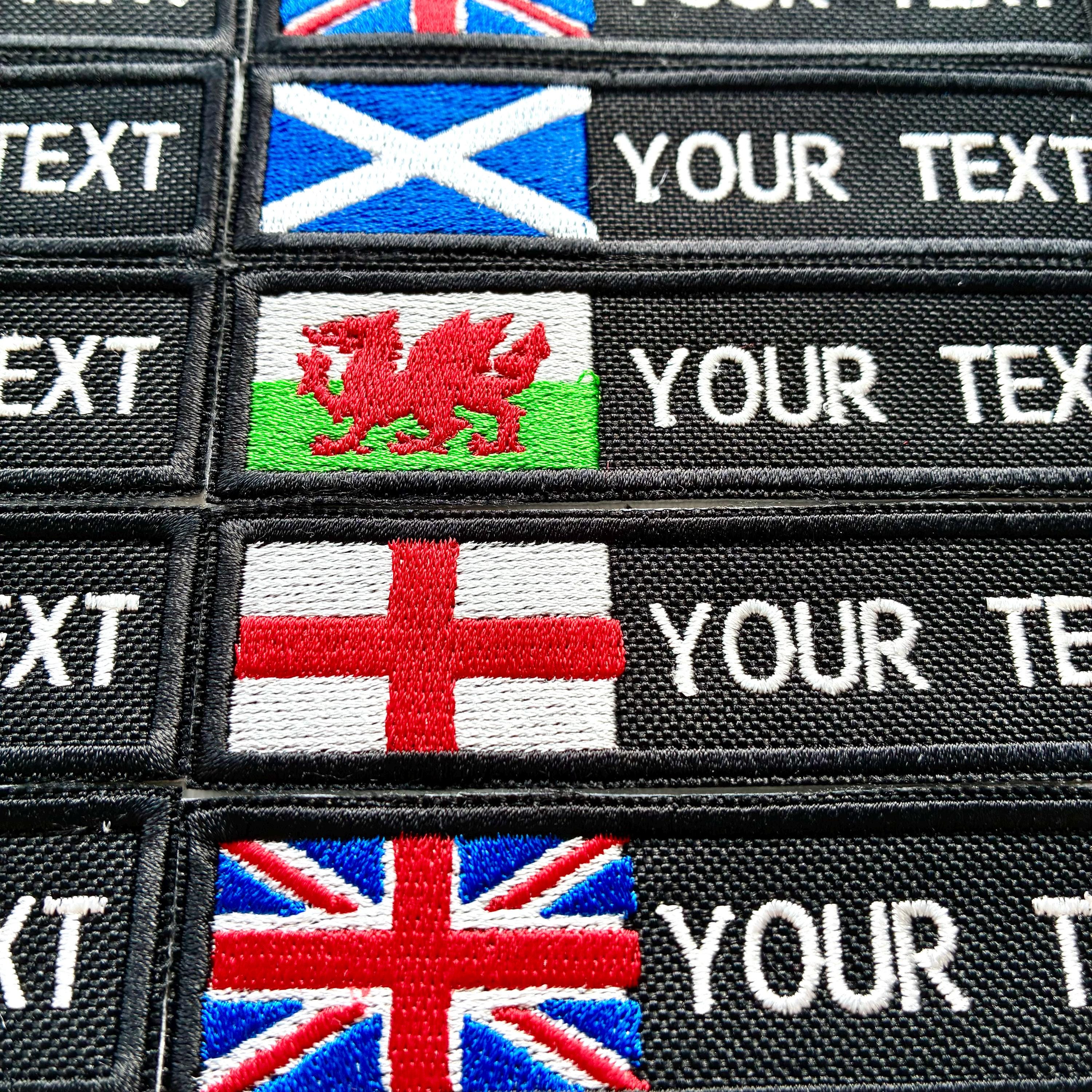 Personalised Embroidered Flag Patch Sew/Iron/VELCRO® Custom Text Badge Black