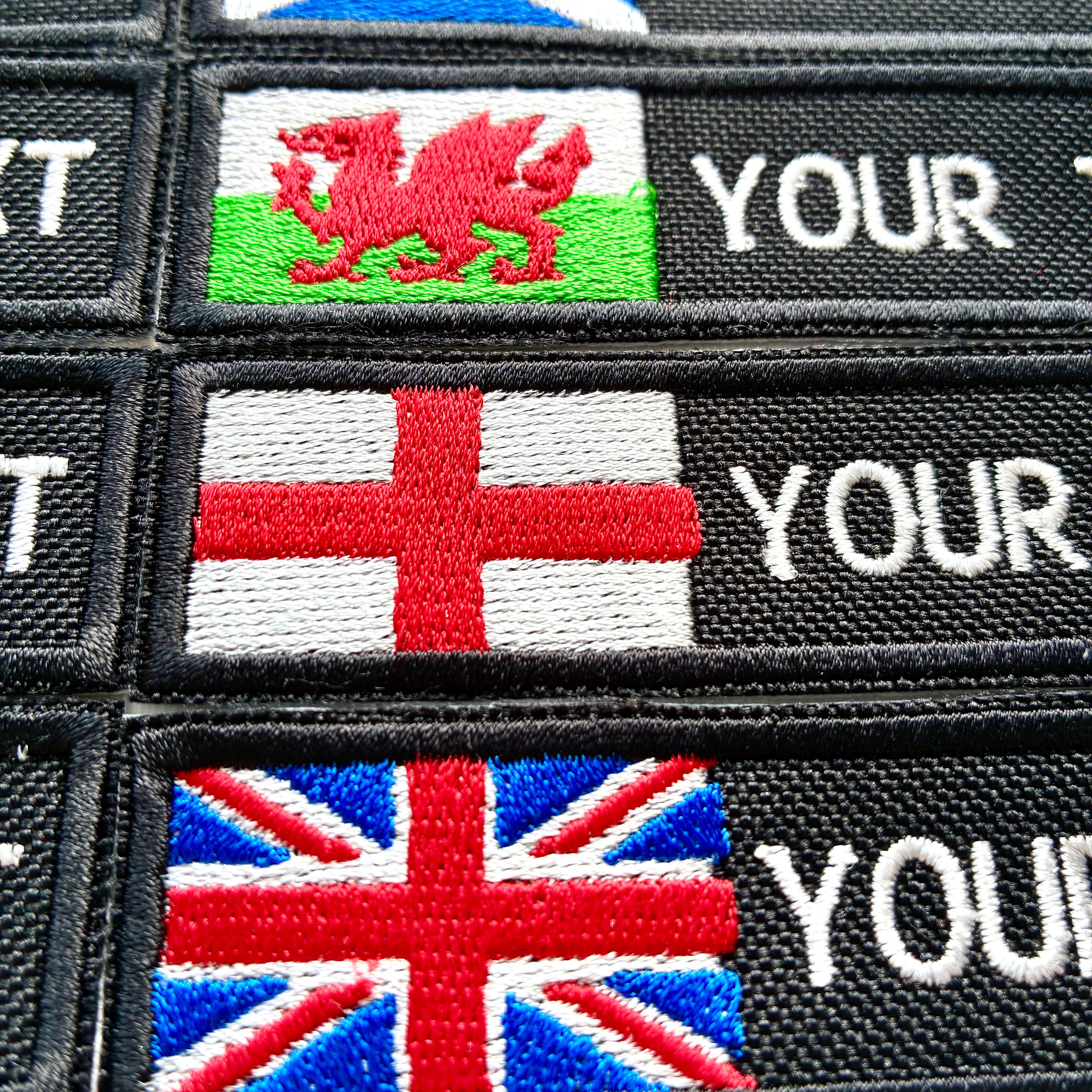 Personalised Embroidered Flag Patch Sew/Iron/VELCRO® Custom Text Badge Black