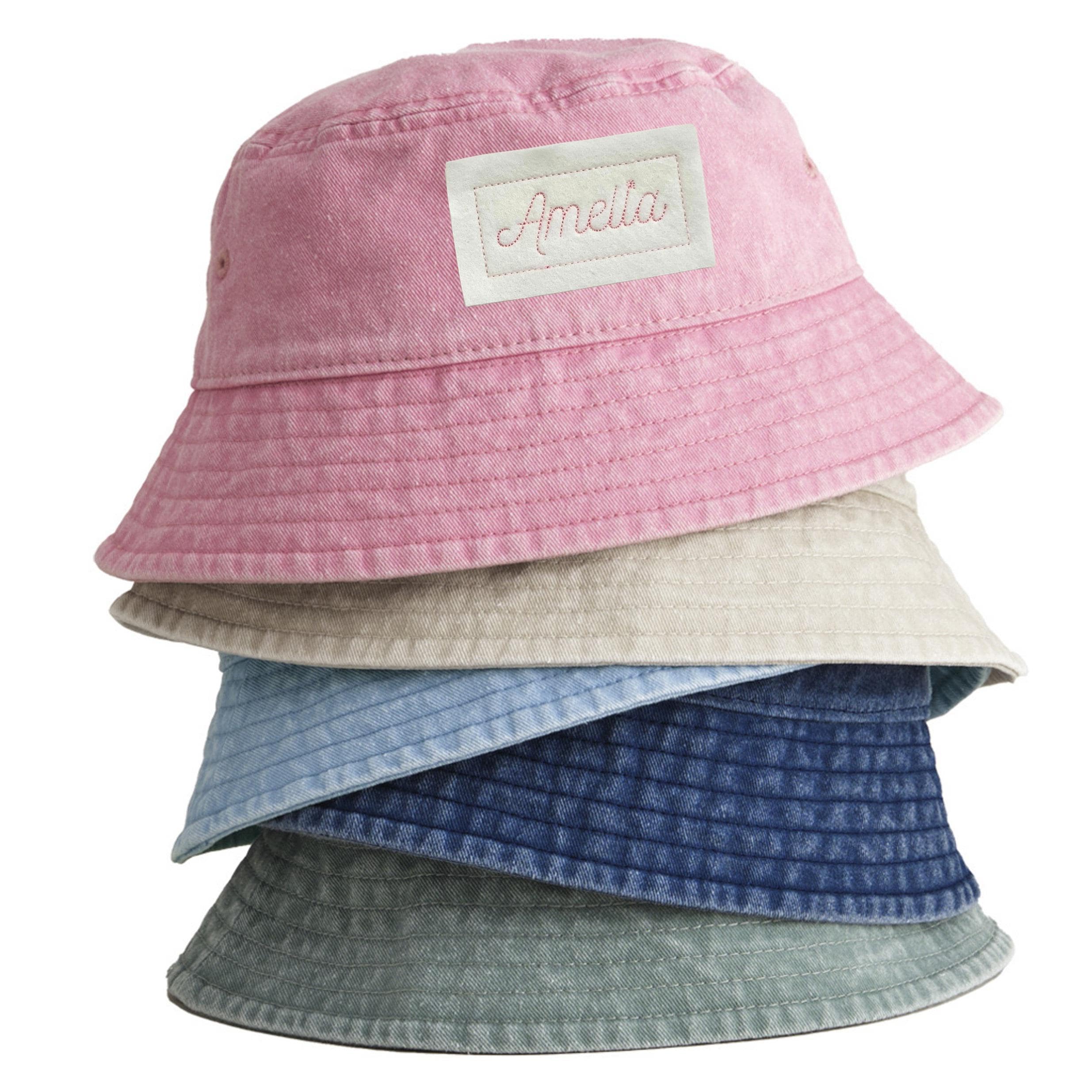Embroidered Personalised Name Patch Childrens Bucket Hat Custom Text Summer Sun