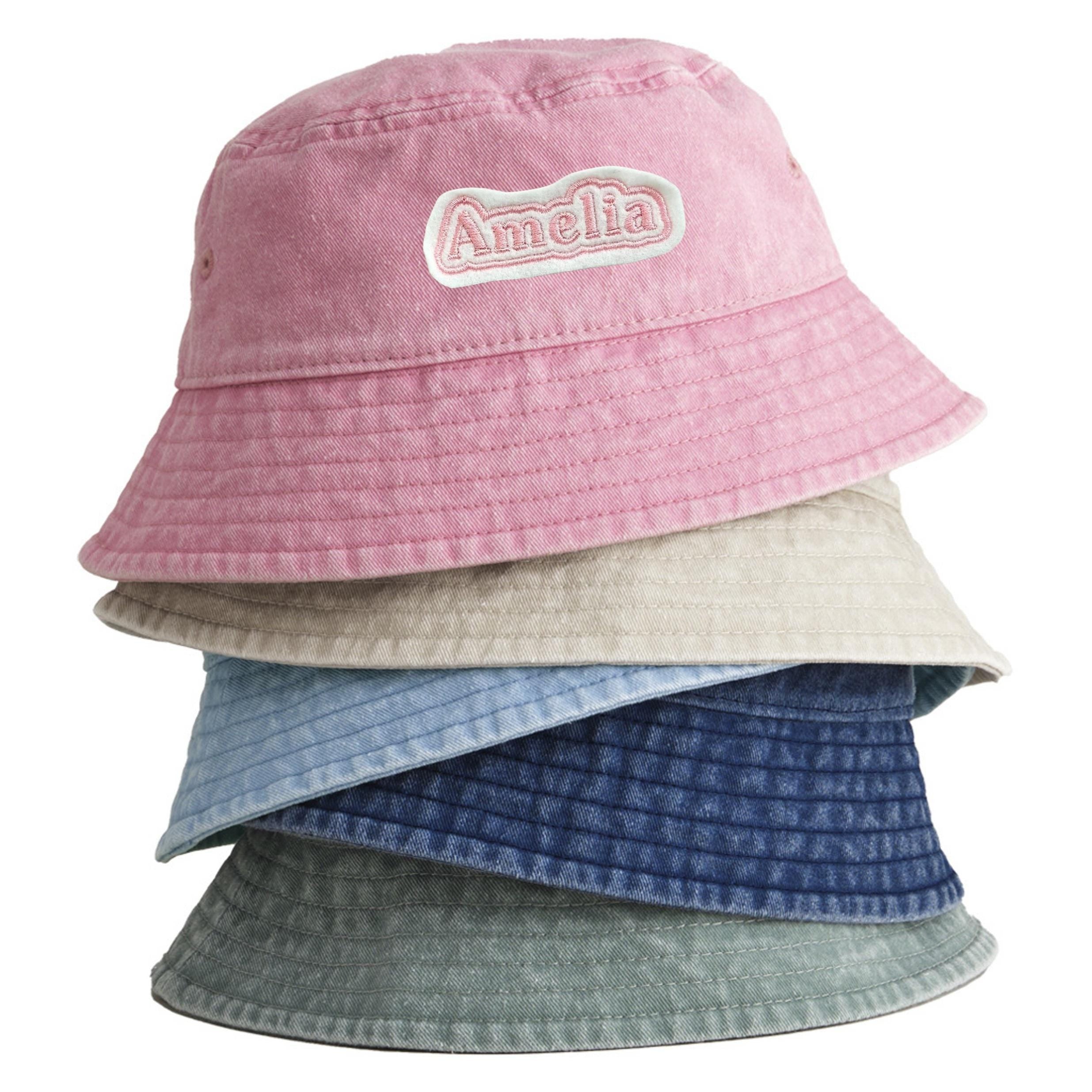 Embroidered Personalised Name Patch Childrens Bucket Hat Custom Text Summer Sun