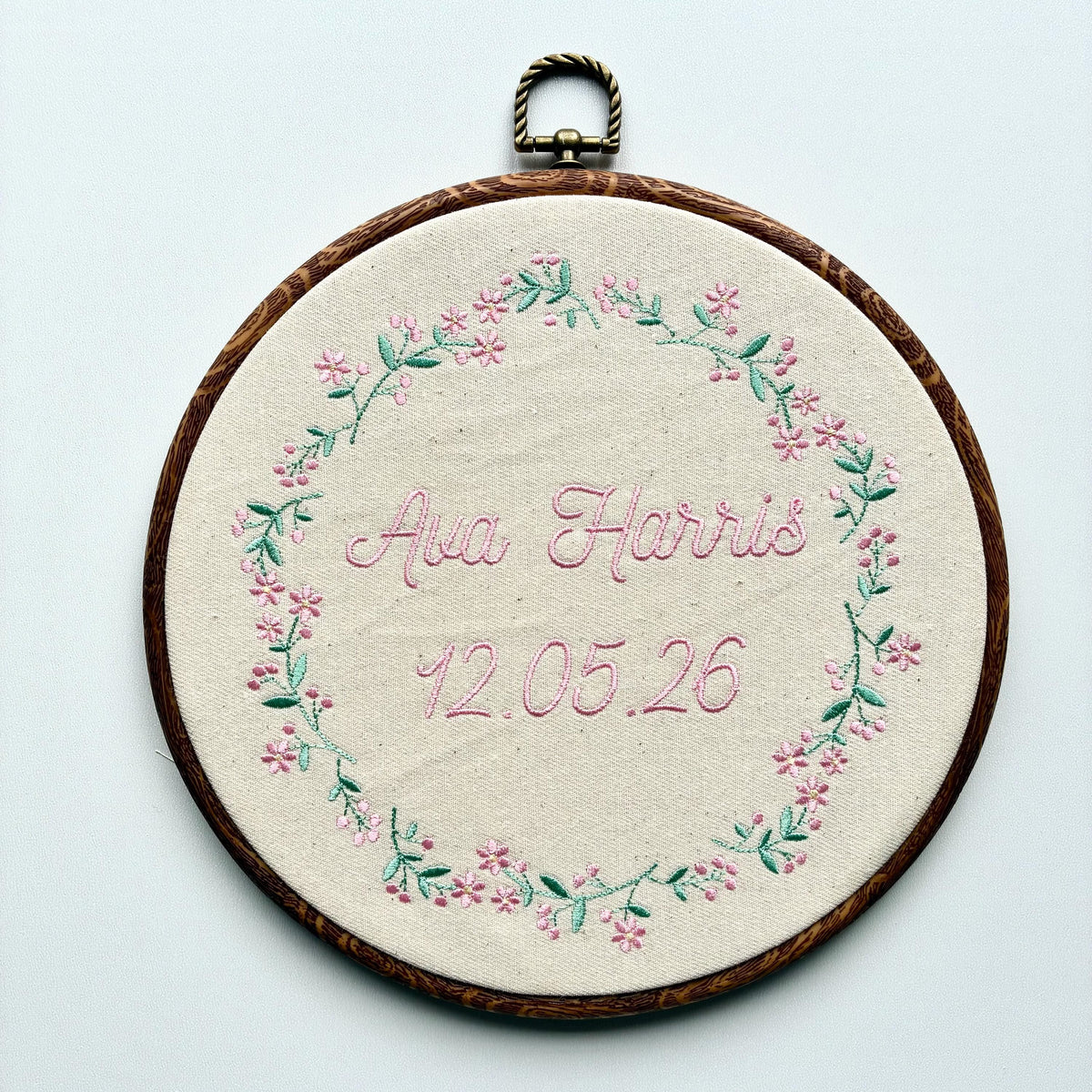 Personalised Floral Embroidery Hoop – Custom Name Embroidered Vintage Art Nursery Decor Baby Shower Birth Announcement Gift