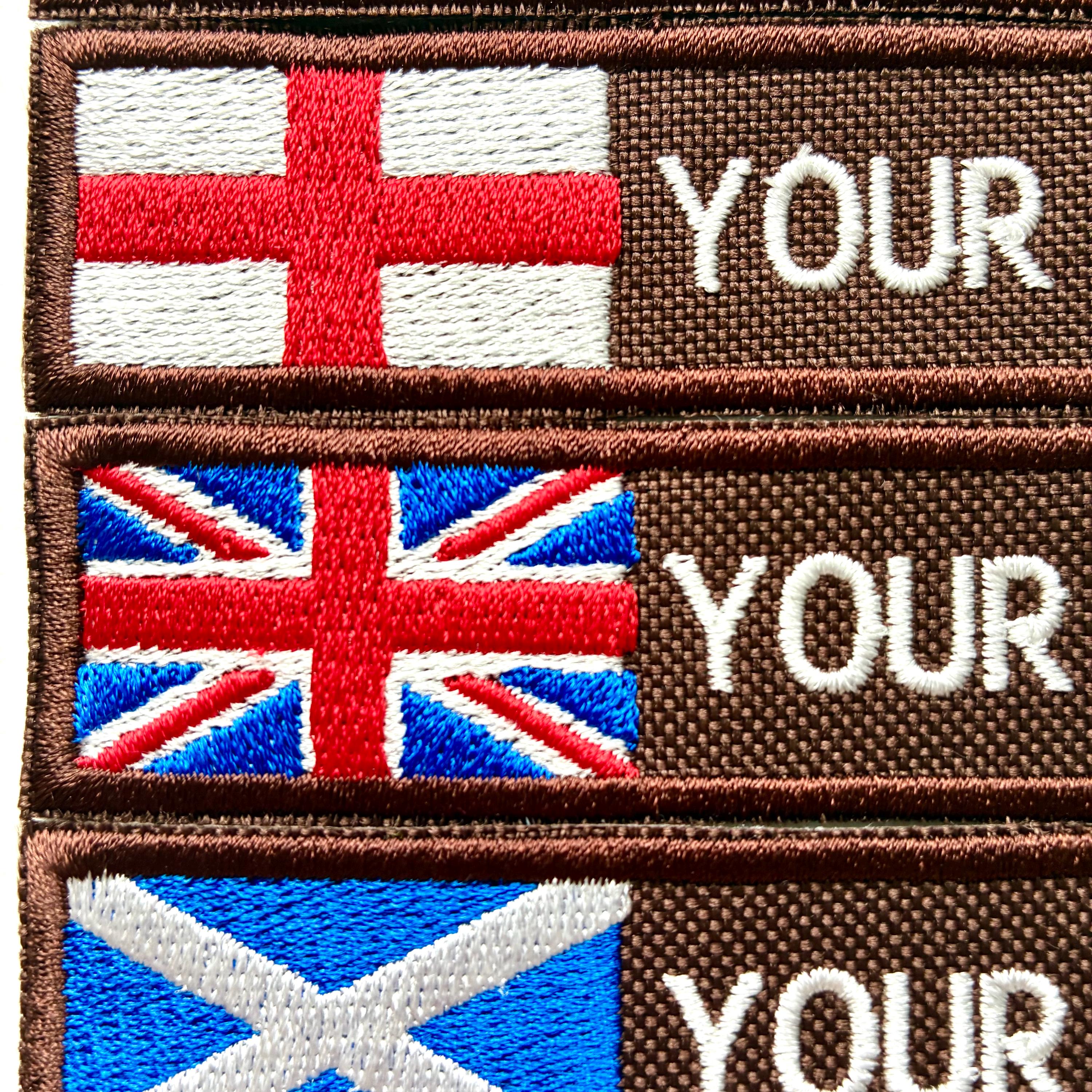 Personalised Embroidered Flag Patch Sew/Iron/VELCRO® Custom Text Badge Brown