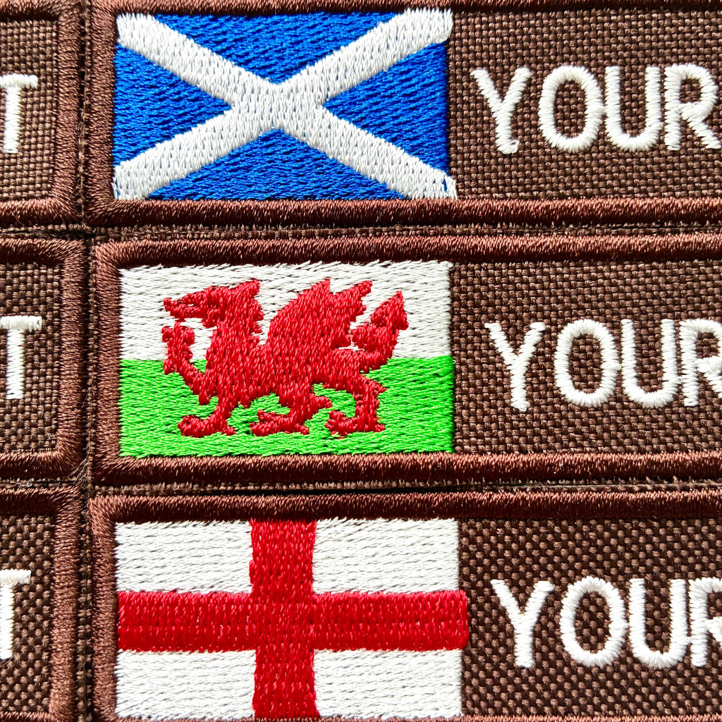 Personalised Embroidered Flag Patch Sew/Iron/VELCRO® Custom Text Badge Brown