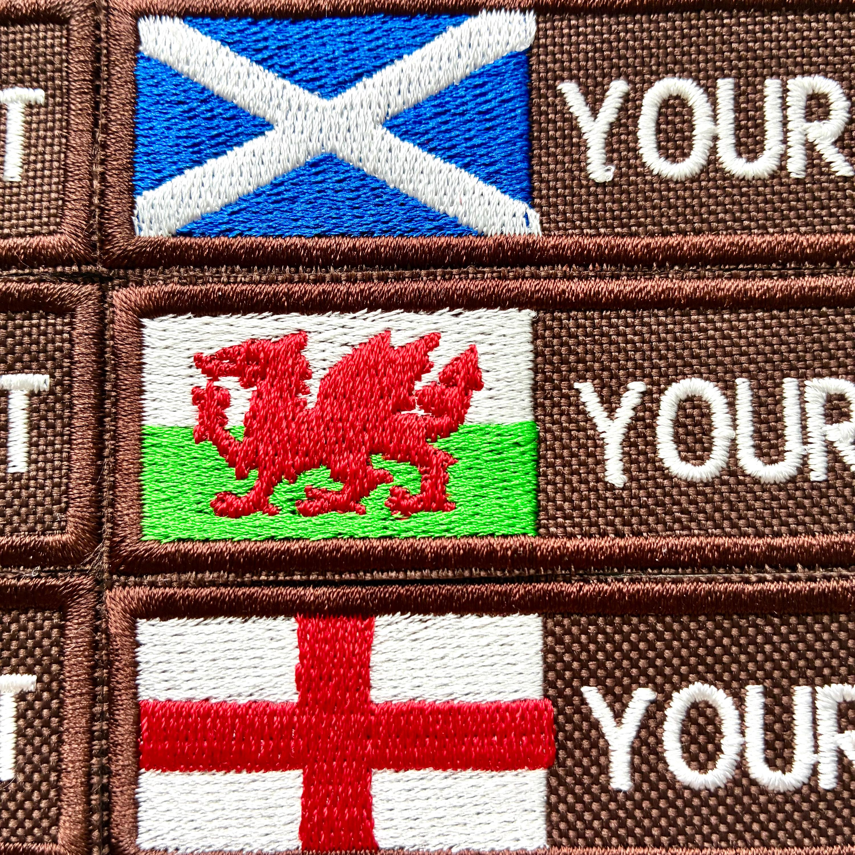 Personalised Embroidered Flag Patch Sew/Iron/VELCRO® Custom Text Badge Brown