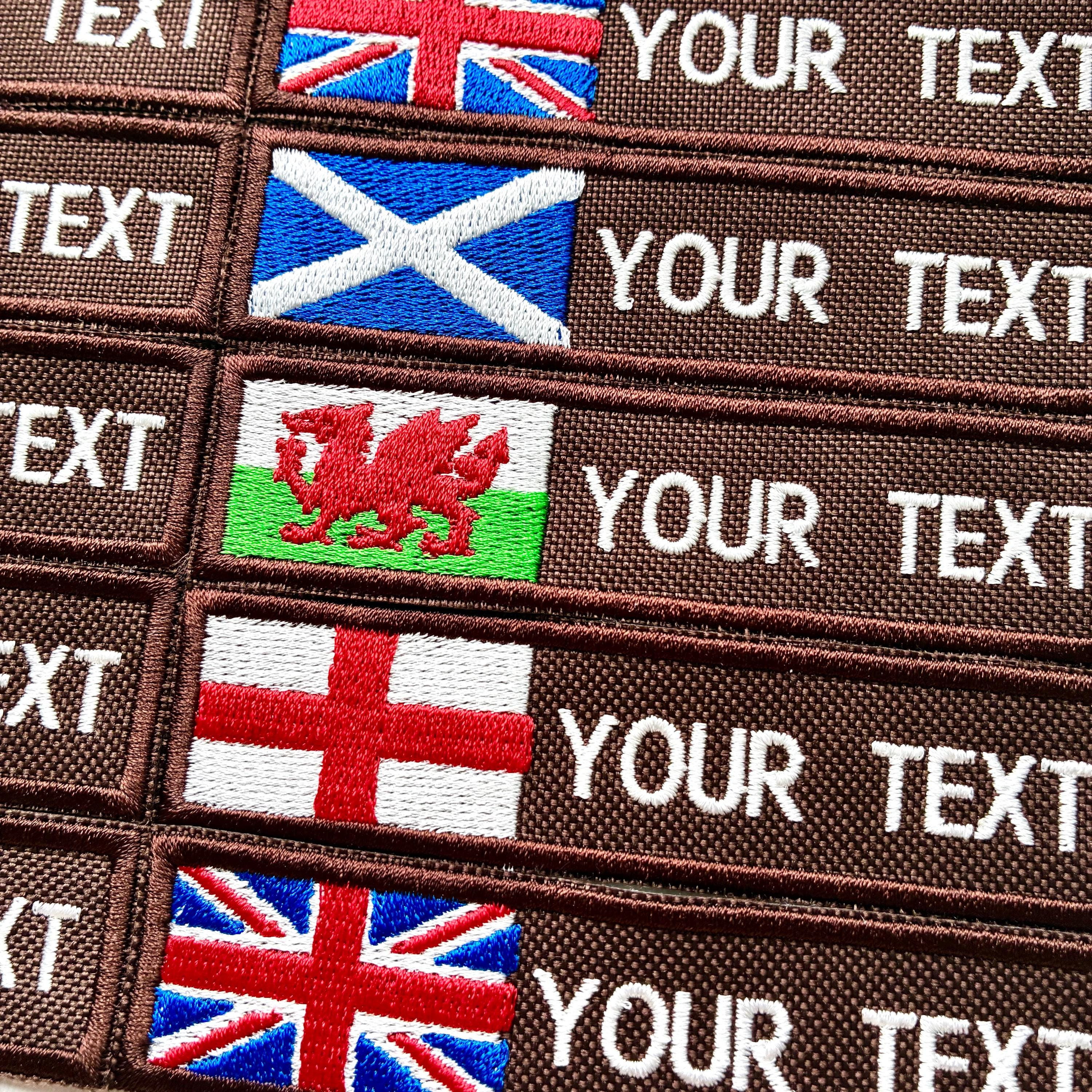 Personalised Embroidered Flag Patch Sew/Iron/VELCRO® Custom Text Badge Brown