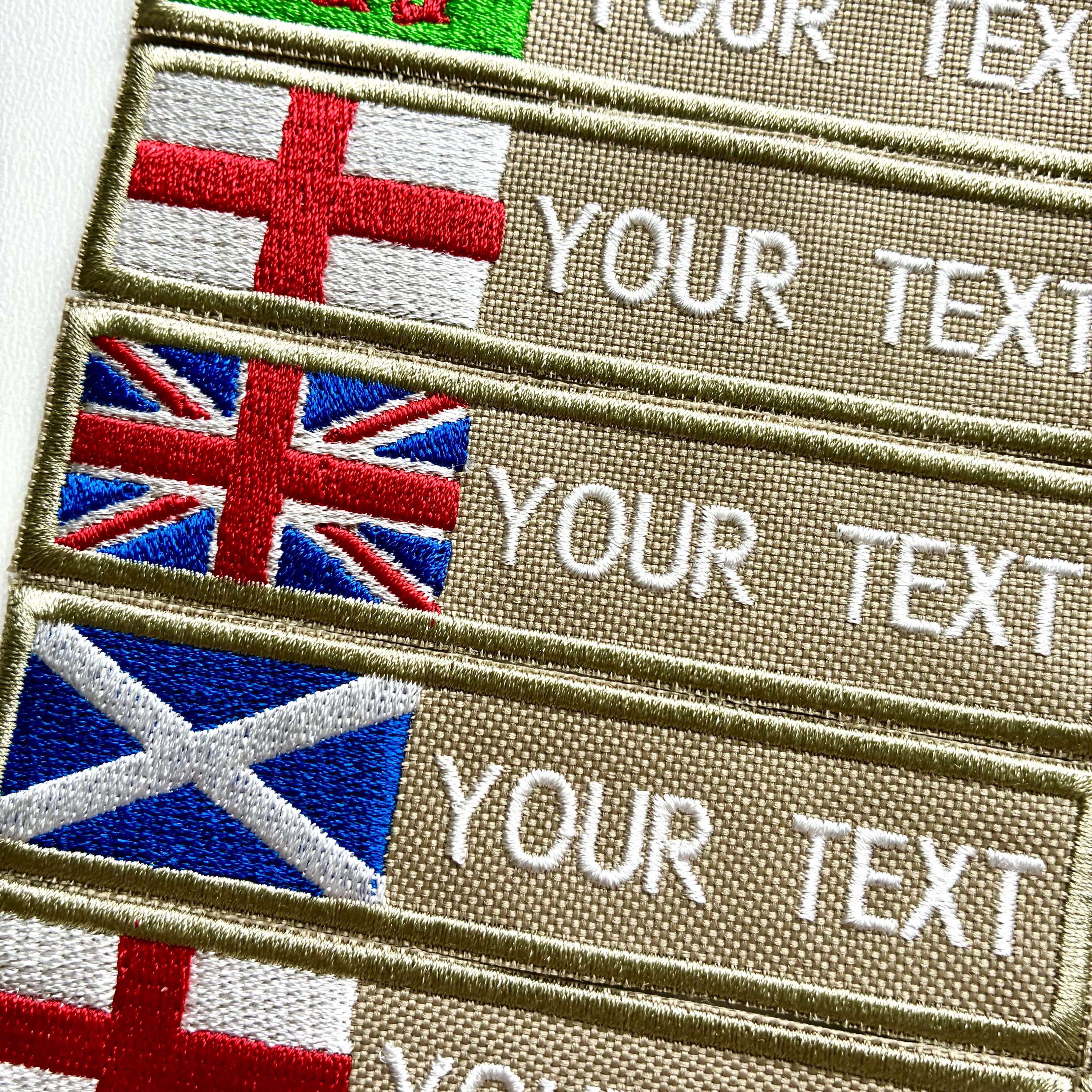 Personalised Embroidered Flag Patch Sew/Iron/VELCRO® Custom Text Badge Sand