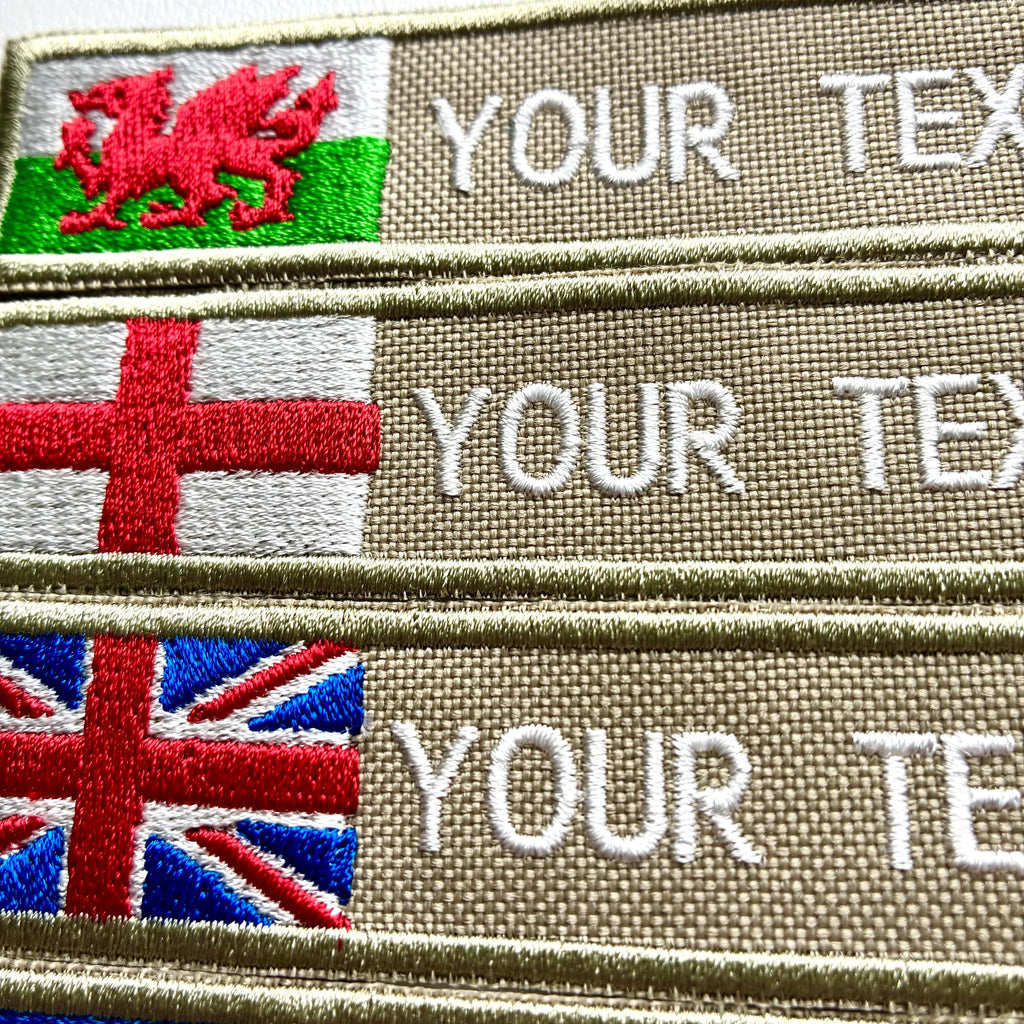 Personalised Embroidered Flag Patch Sew/Iron/VELCRO® Custom Text Badge Sand