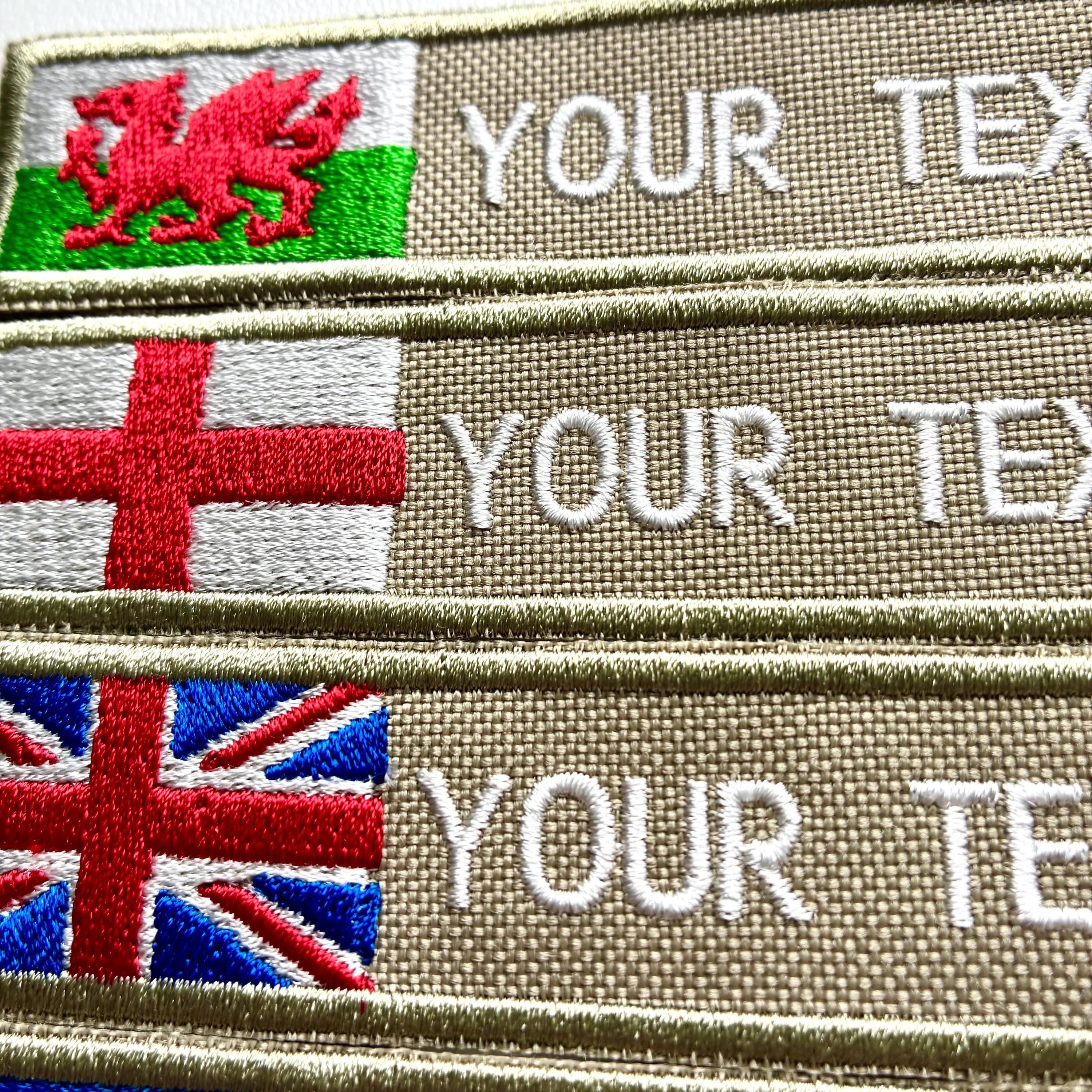 Personalised Embroidered Flag Patch Sew/Iron/VELCRO® Custom Text Badge Sand