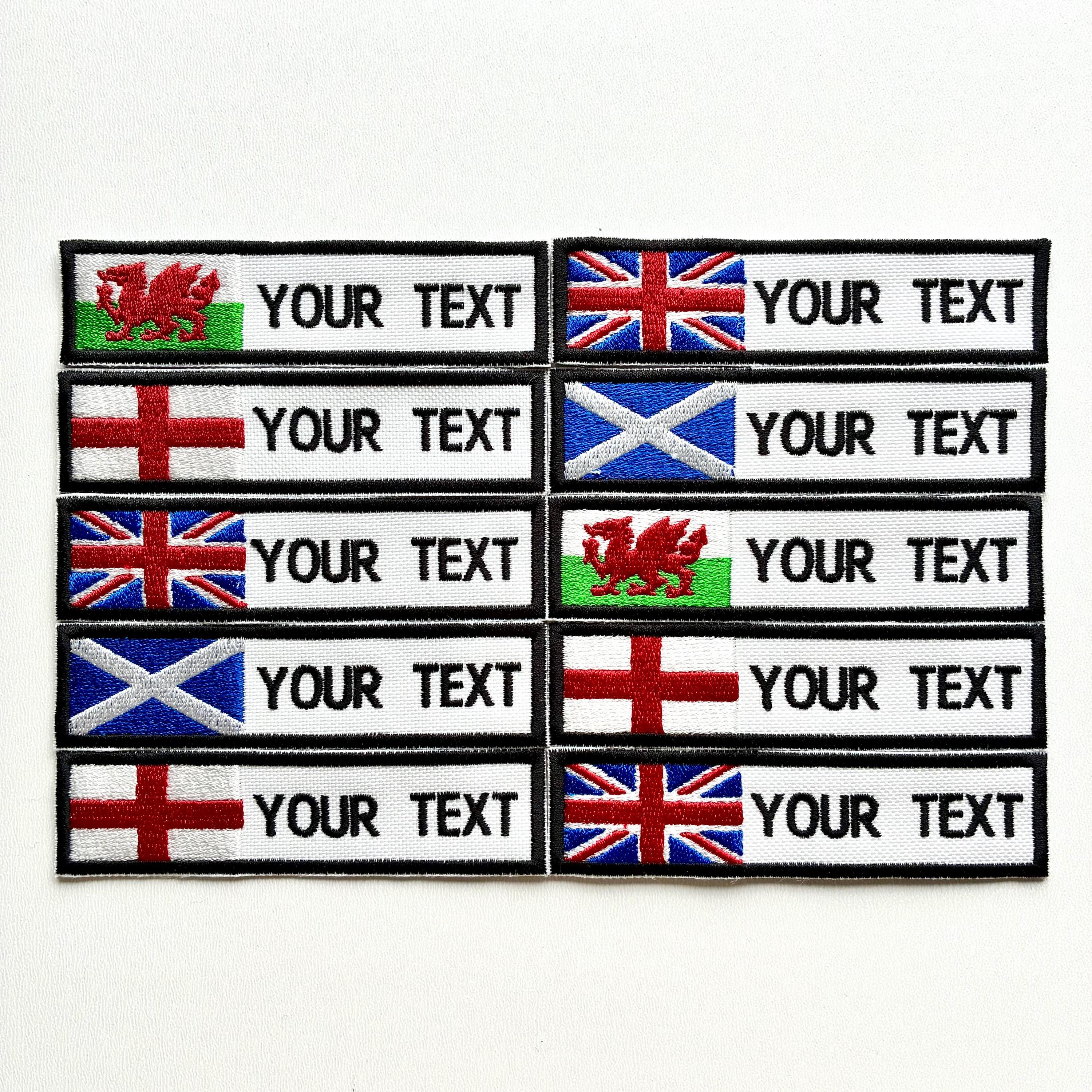 Personalised Embroidered Flag Patch Sew/Iron/VELCRO® Custom Text Badge White