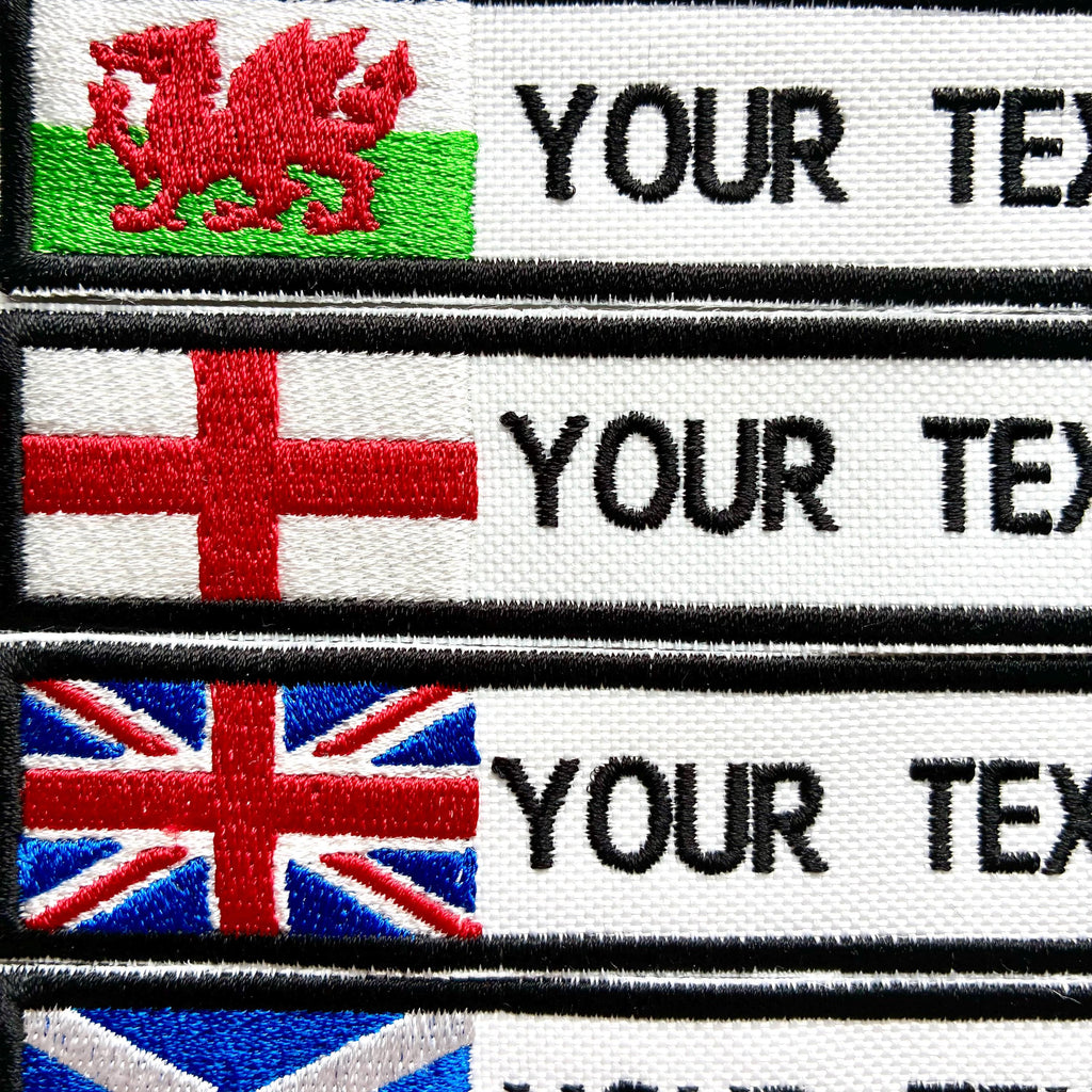 Personalised Embroidered Flag Patch Sew/Iron/VELCRO® Custom Text Badge White