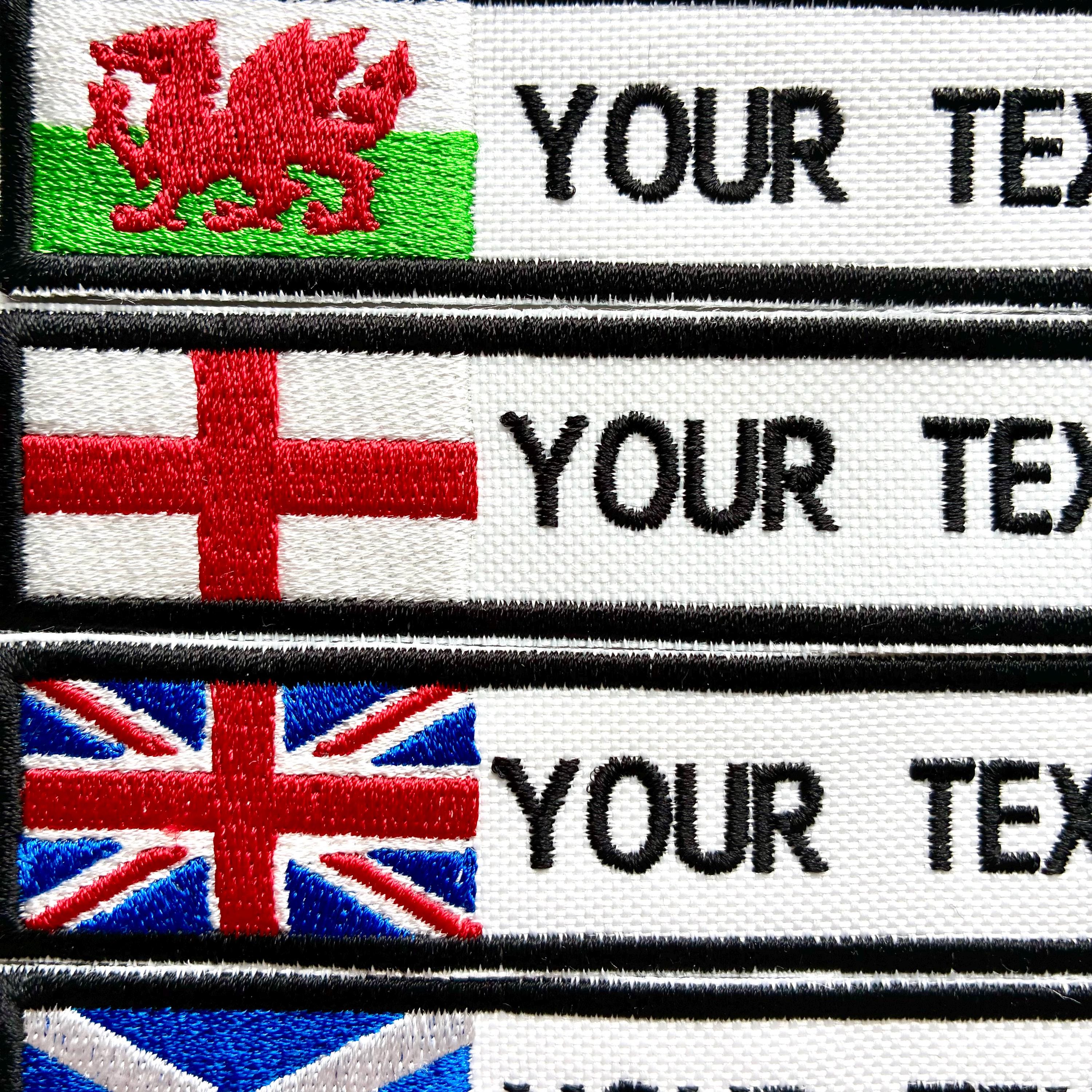 Personalised Embroidered Flag Patch Sew/Iron/VELCRO® Custom Text Badge White