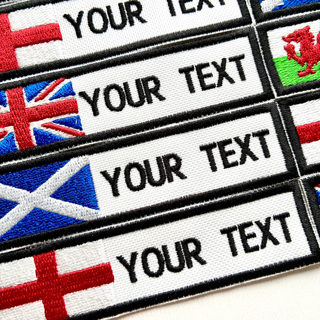 Personalised Embroidered Flag Patch Sew/Iron/VELCRO® Custom Text Badge White