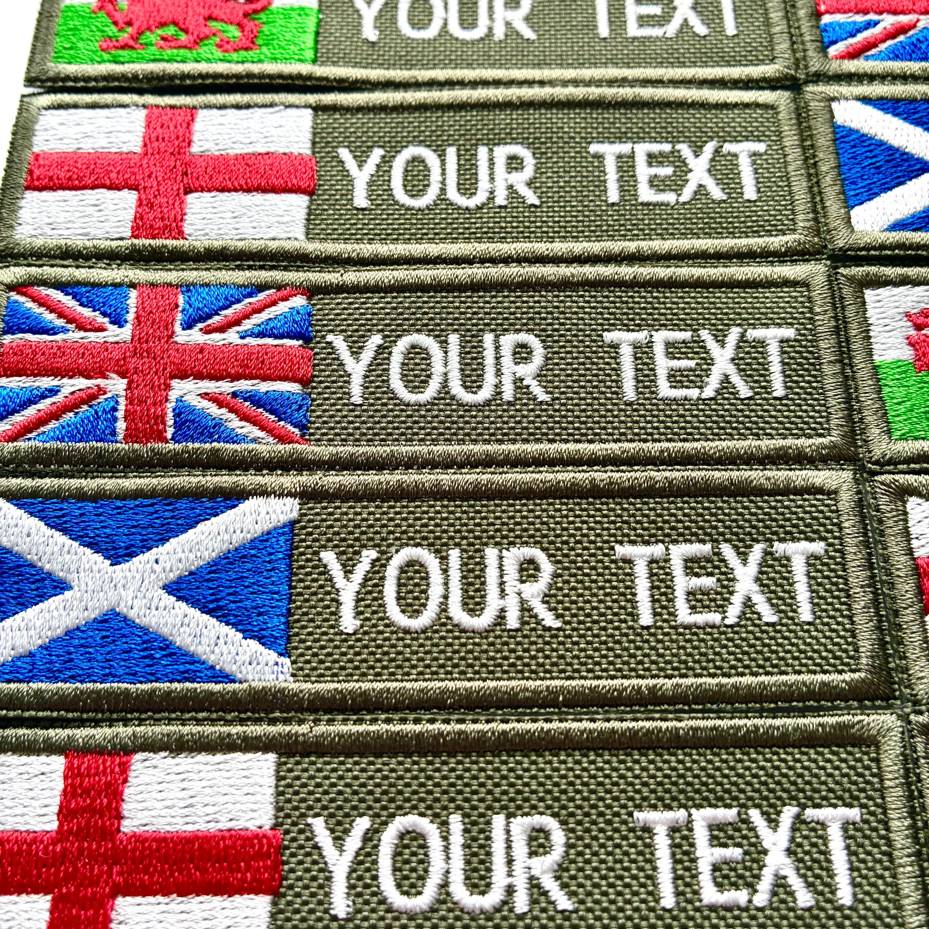 Personalised Embroidered Flag Patch Sew/Iron/VELCRO® Custom Text Badge Olive