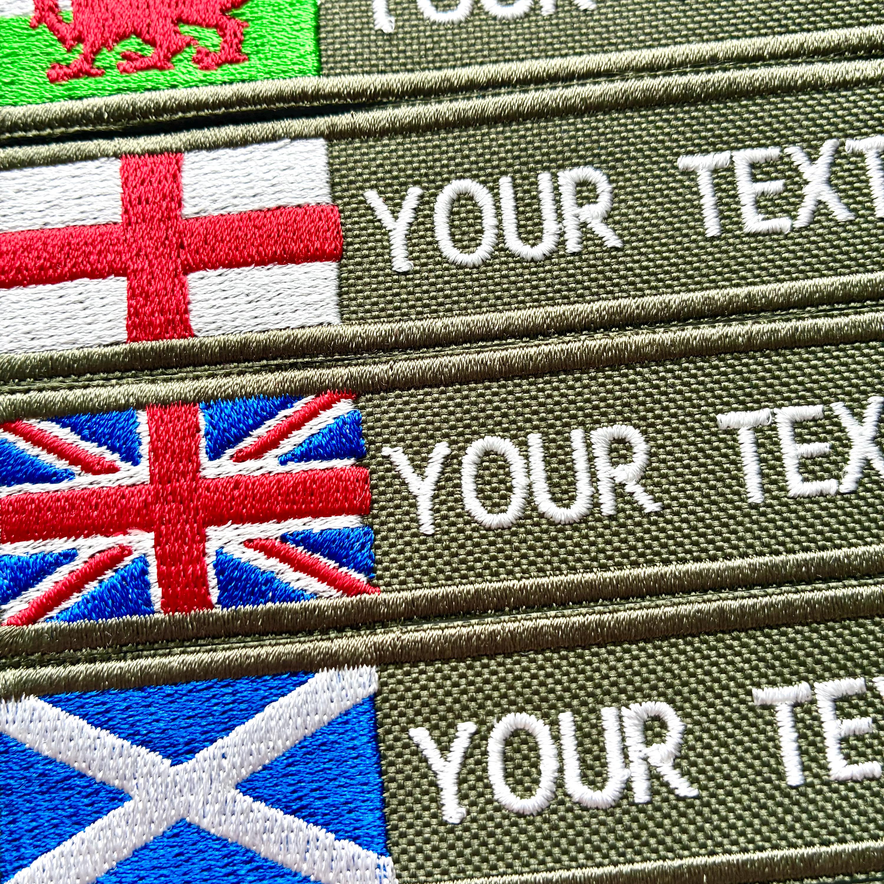 Personalised Embroidered Flag Patch Sew/Iron/VELCRO® Custom Text Badge Olive