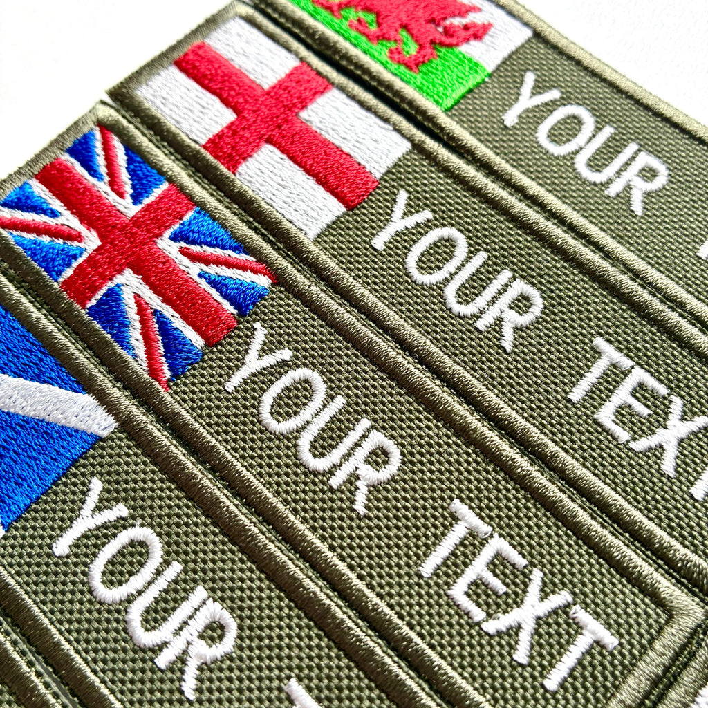 Personalised Embroidered Flag Patch Sew/Iron/VELCRO® Custom Text Badge Olive