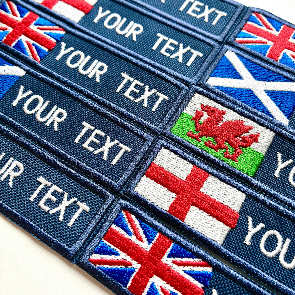 Personalised Embroidered Flag Patch Sew/Iron/VELCRO® Custom Text Badge Navy