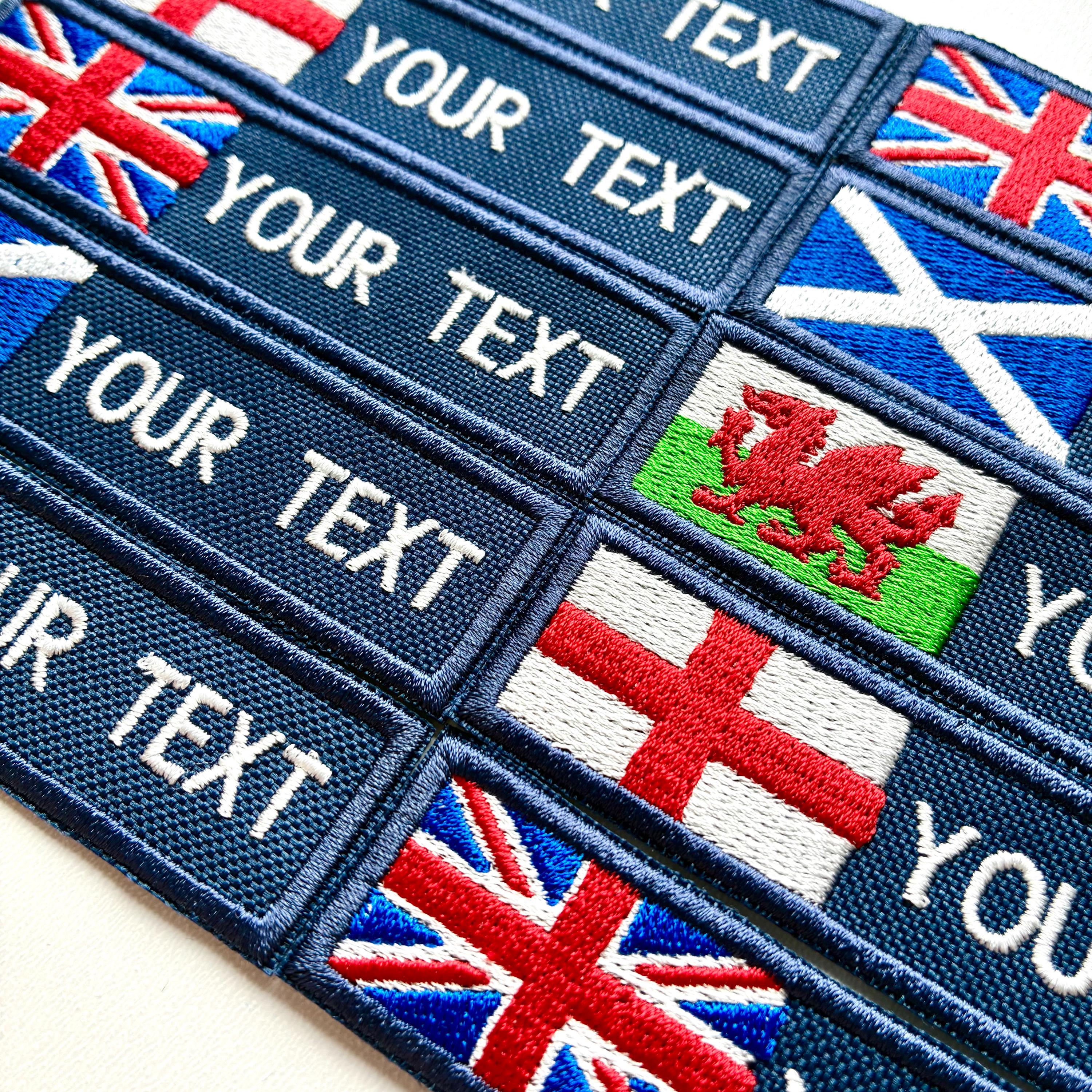 Personalised Embroidered Flag Patch Sew/Iron/VELCRO® Custom Text Badge Navy