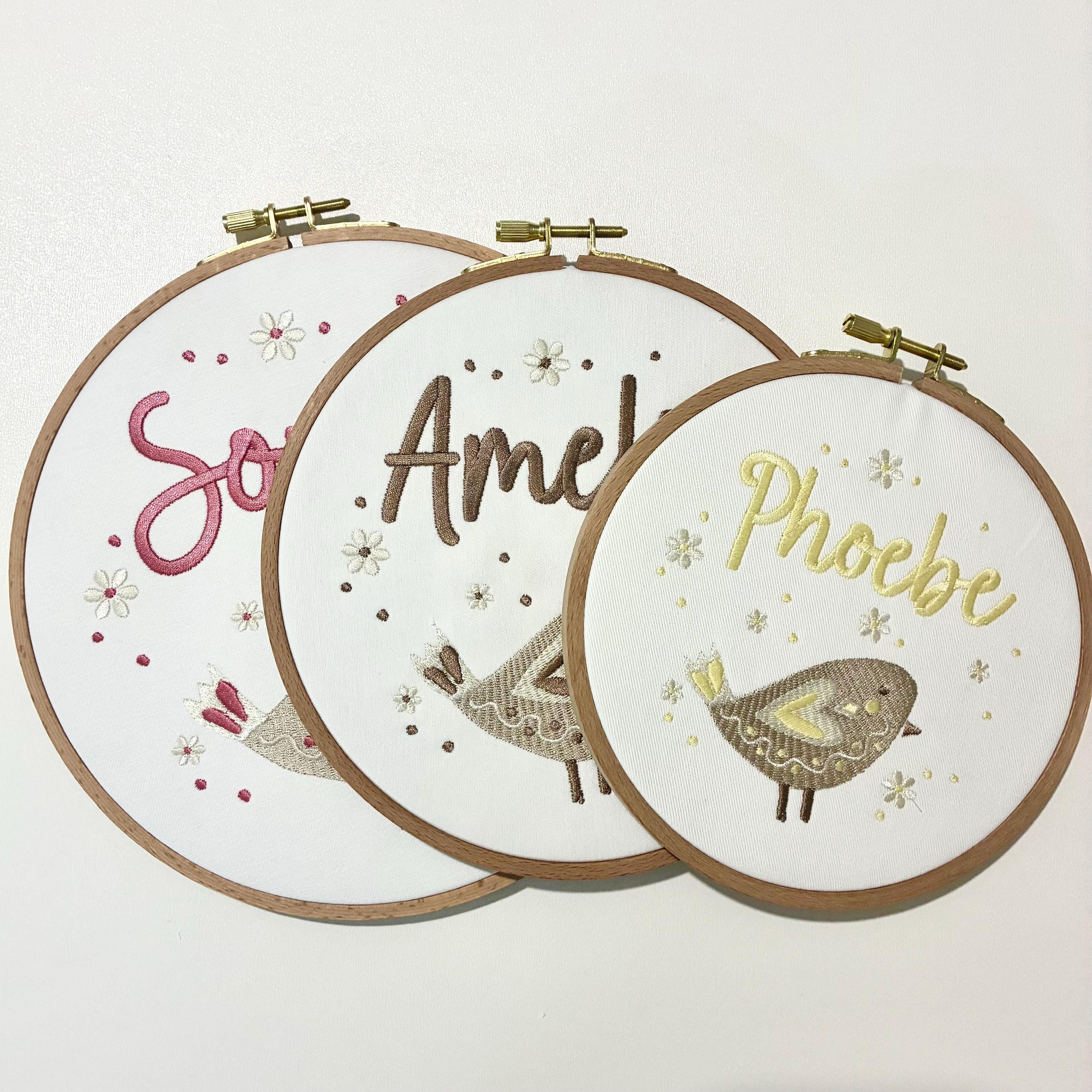 Personalised Embroidery Hoop – Custom Name Bird Embroidered Vintage Art Nursery Decor Baby Shower Birth Announcement Gift