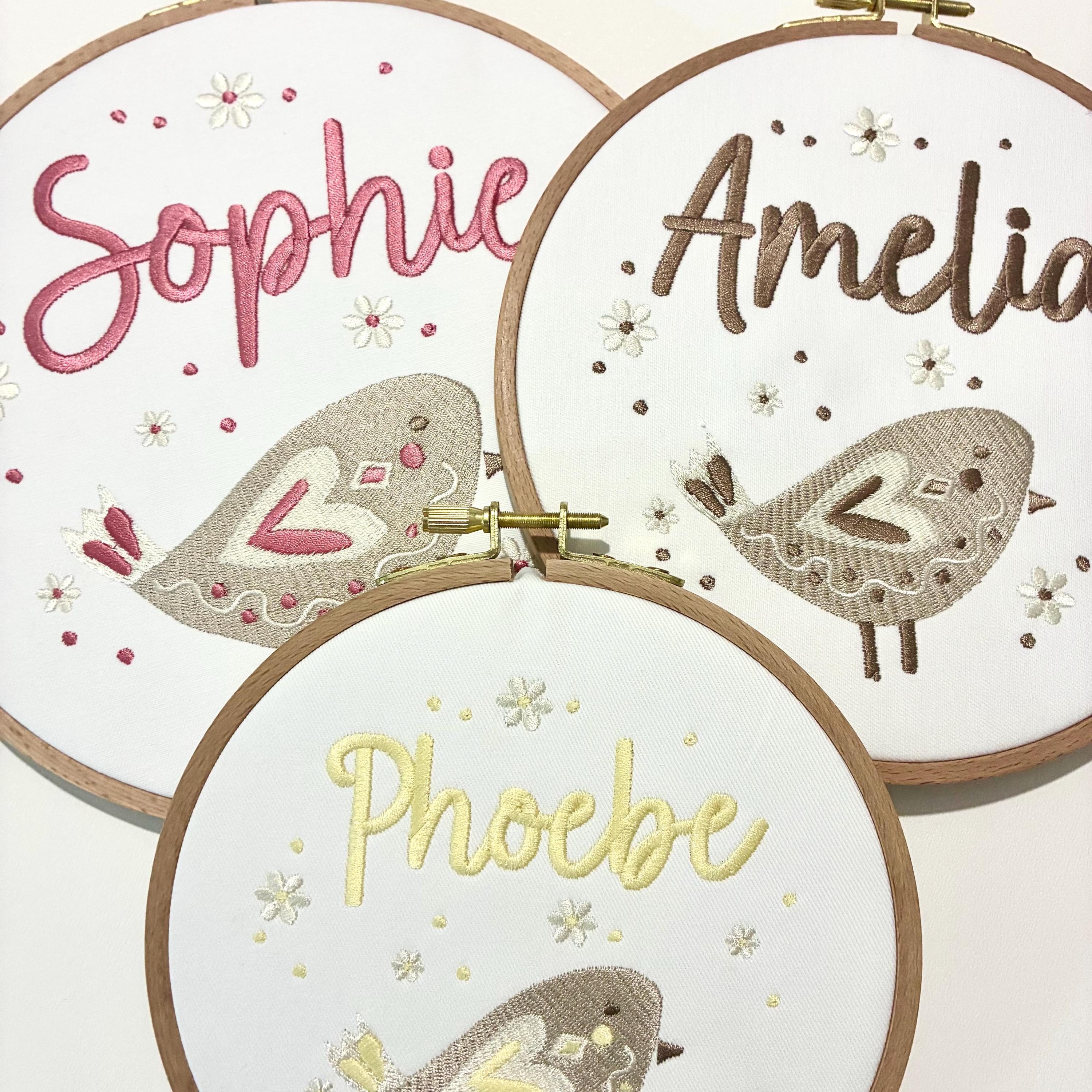 Personalised Embroidery Hoop – Custom Name Bird Embroidered Vintage Art Nursery Decor Baby Shower Birth Announcement Gift
