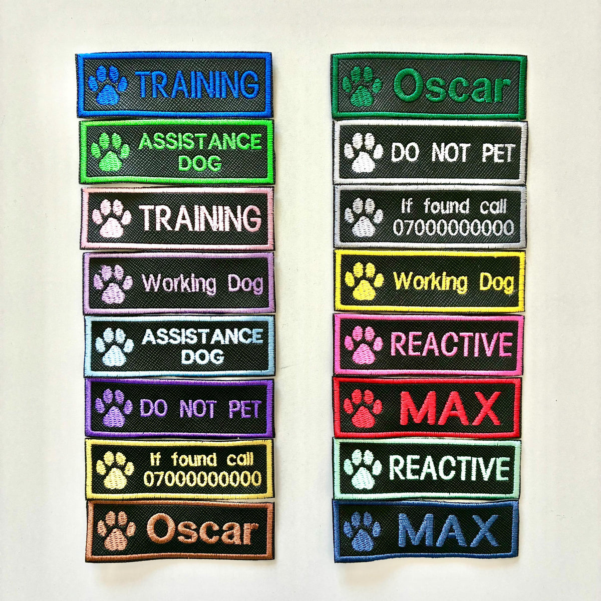 Personalised Embroidered Dog Paw Text Patch Iron & Sew On Training Harness Badge