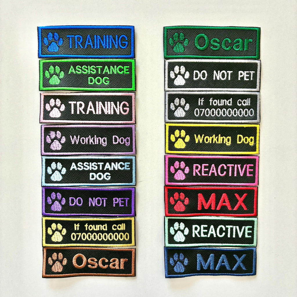 Personalised Embroidered Dog Paw Text Patch Iron & Sew On Training Harness Badge