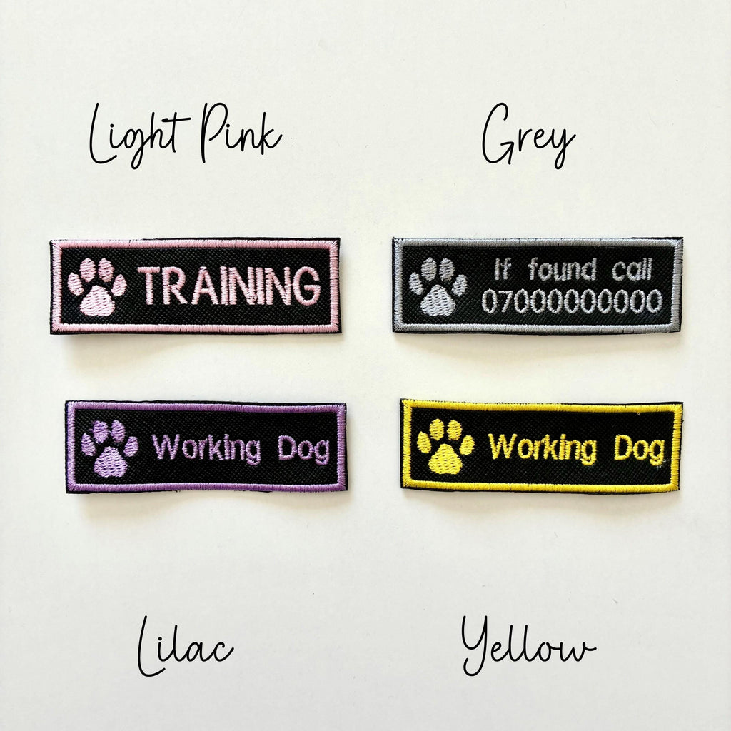 Personalised Embroidered Dog Paw Text Patch Iron & Sew On Training Harness Badge