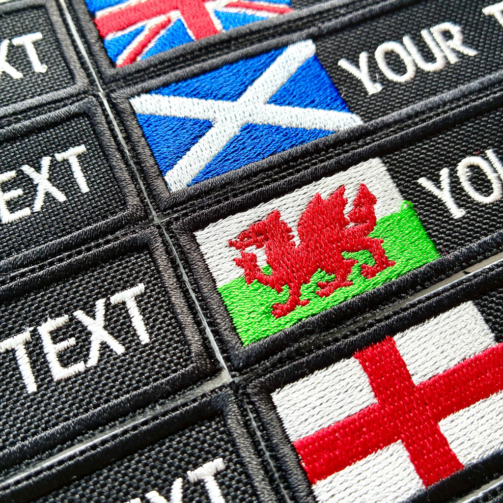 Personalised Embroidered Flag Patch Sew/Iron/VELCRO® Custom Text Badge Black