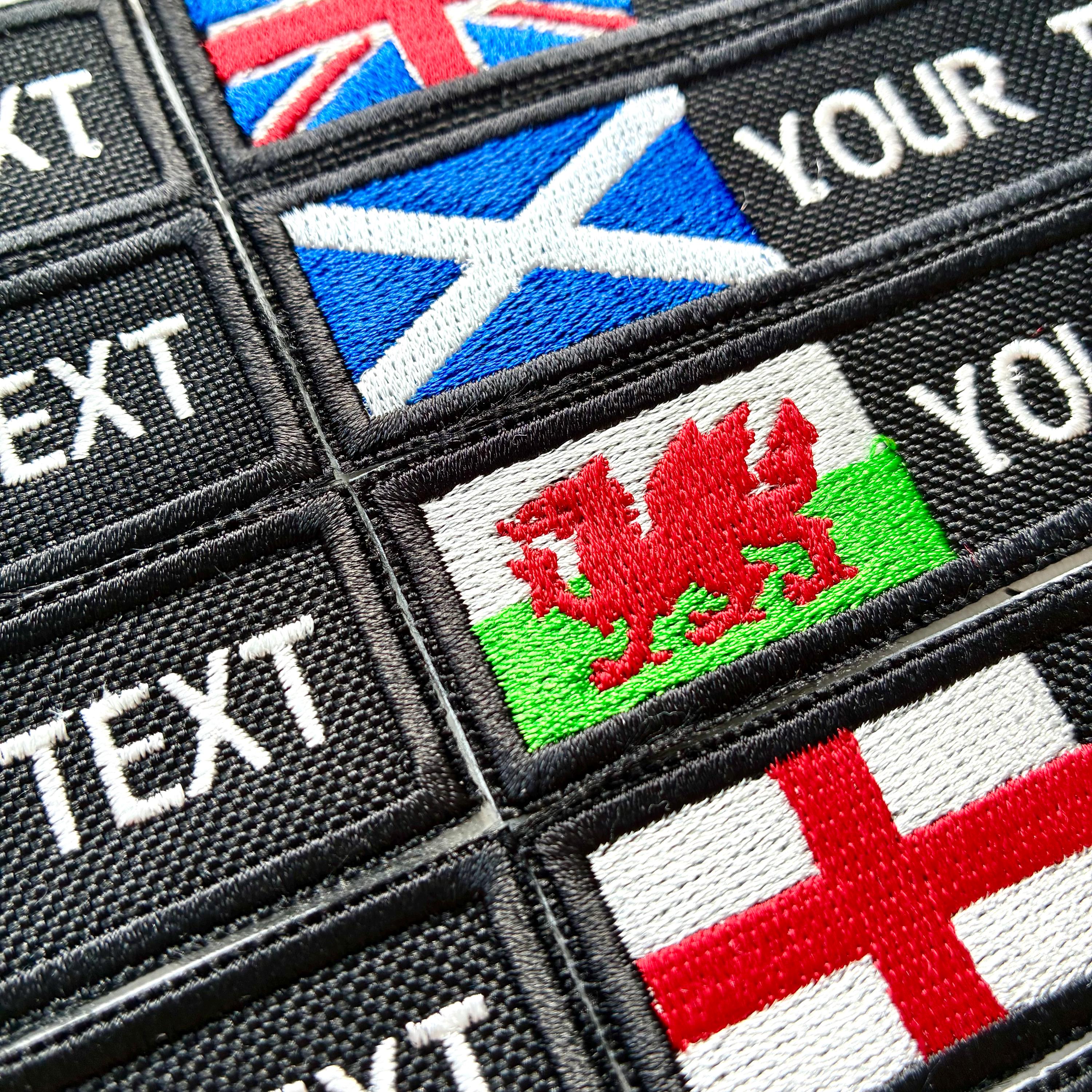 Personalised Embroidered Flag Patch Sew/Iron/VELCRO® Custom Text Badge Black