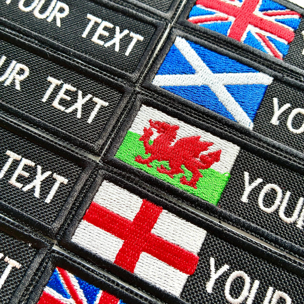 Personalised Embroidered Flag Patch Sew/Iron/VELCRO® Custom Text Badge Black