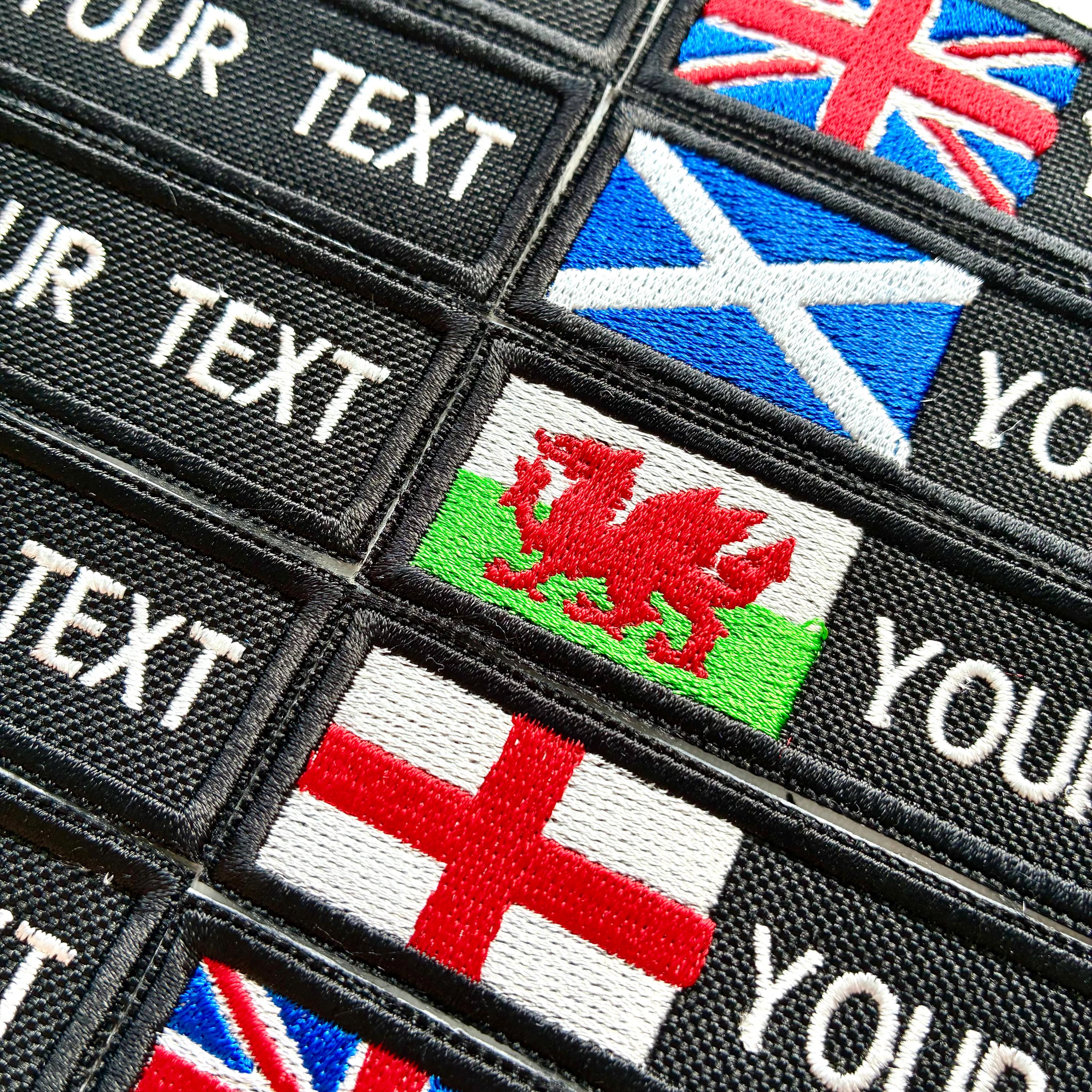 Personalised Embroidered Flag Patch Sew/Iron/VELCRO® Custom Text Badge Black