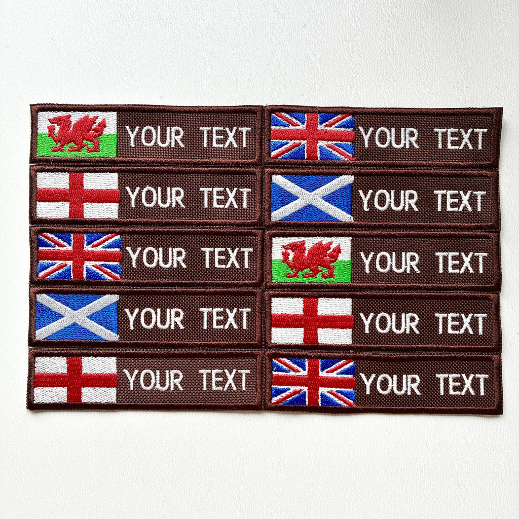 Personalised Embroidered Flag Patch Sew/Iron/VELCRO® Custom Text Badge Brown