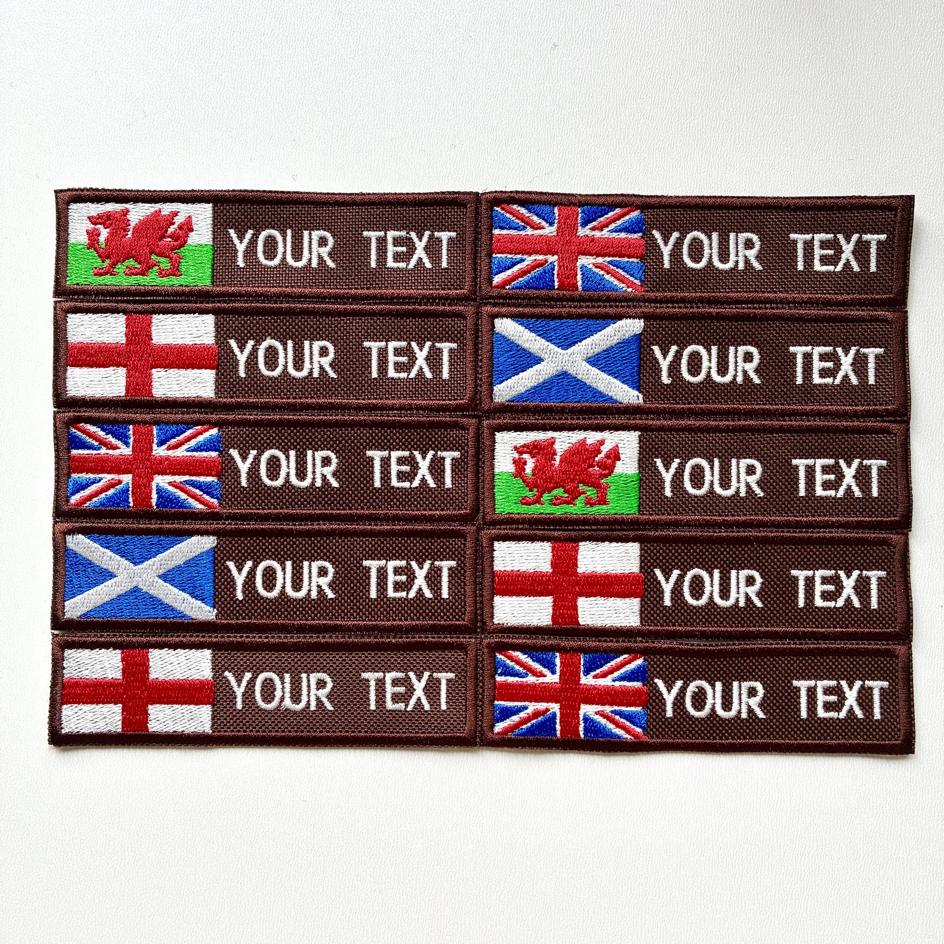 Personalised Embroidered Flag Patch Sew/Iron/VELCRO® Custom Text Badge Brown